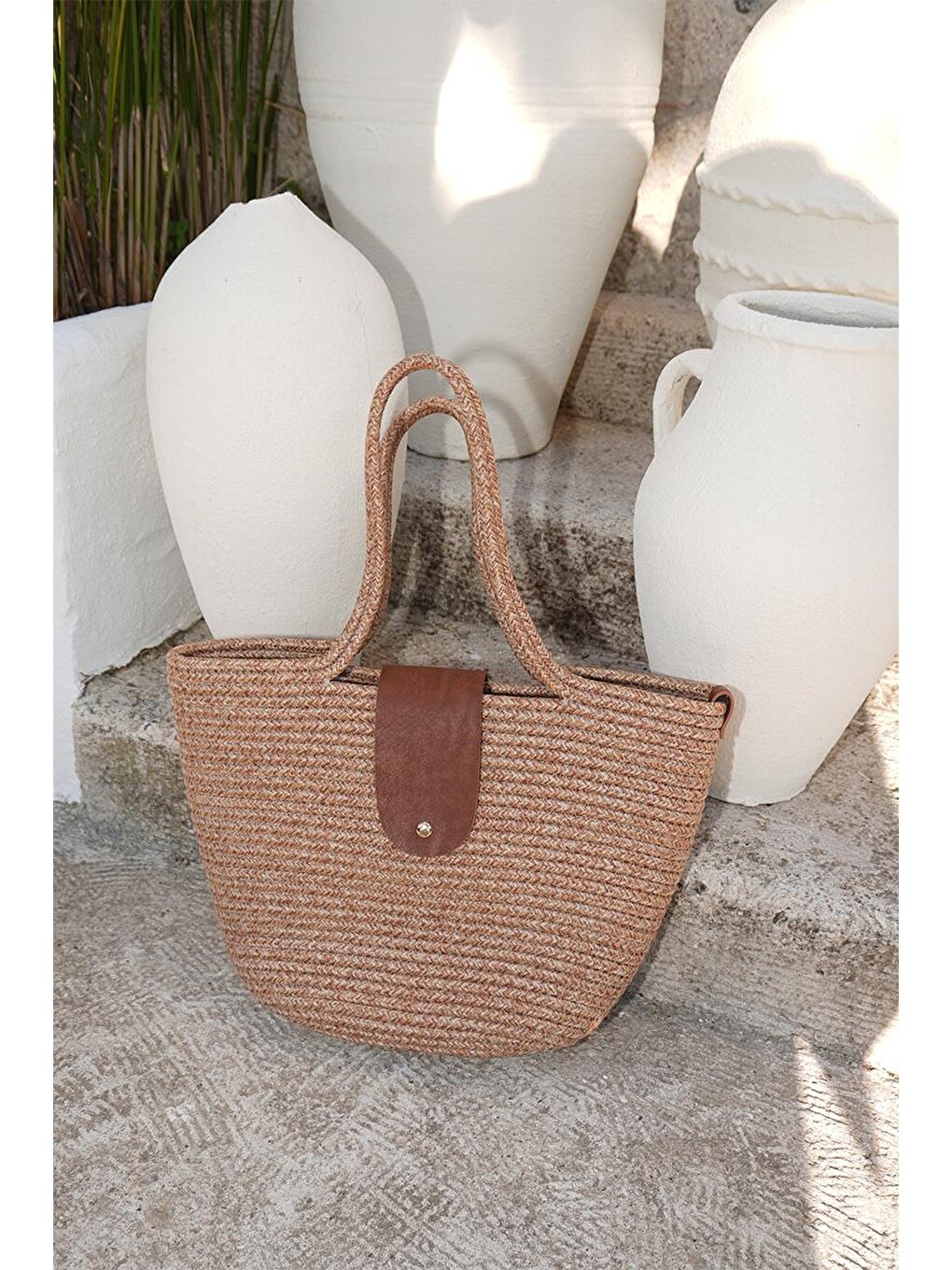 Bej Duffy Kapaklı Handmade Hasır Tote Çanta Vizon-7