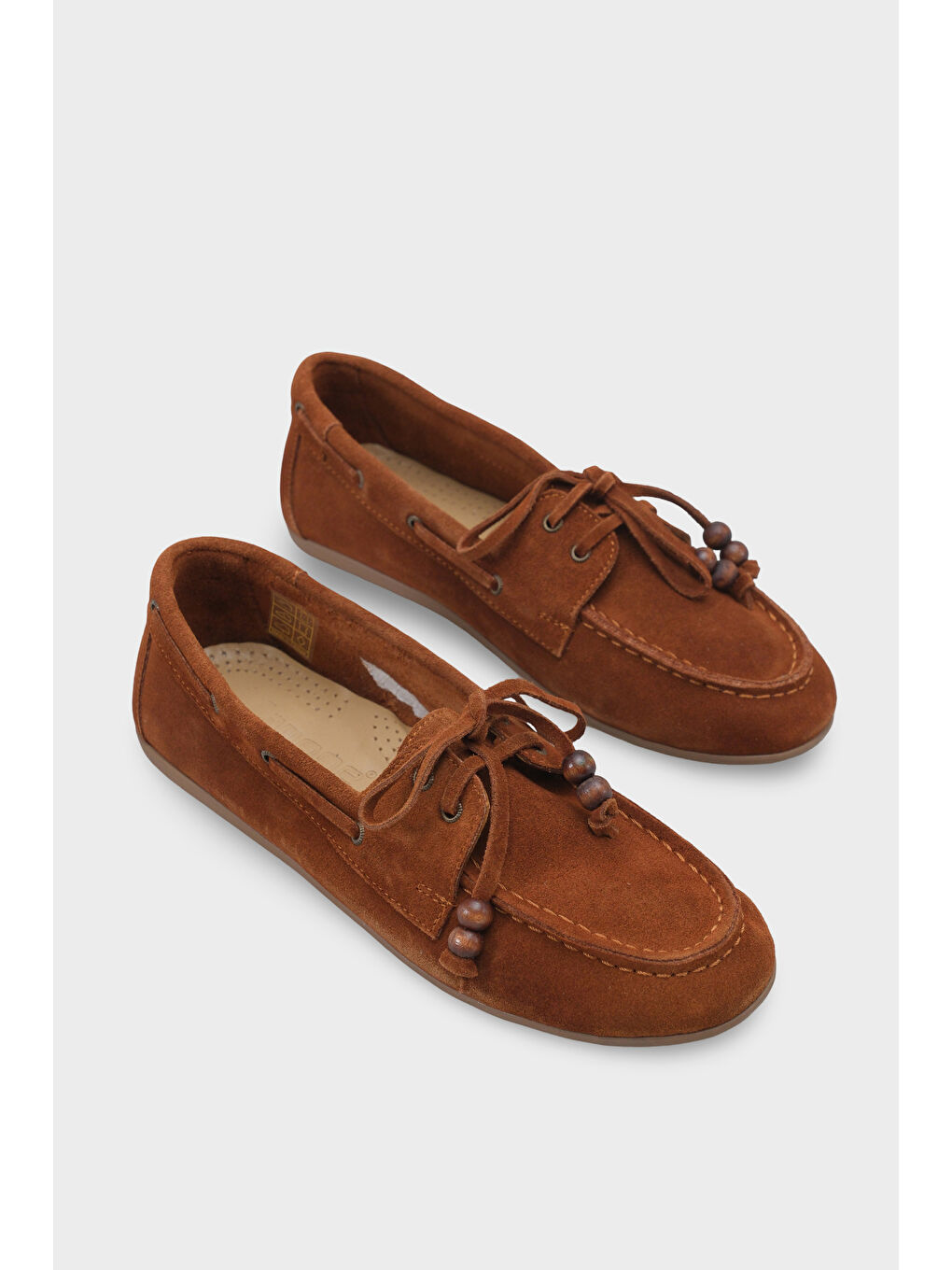 Kahverengi Vicki Hakiki Deri Süet Bağcıklı Boncuklu Konfor Kadın Loafer Tekne Ayakkabısı-5