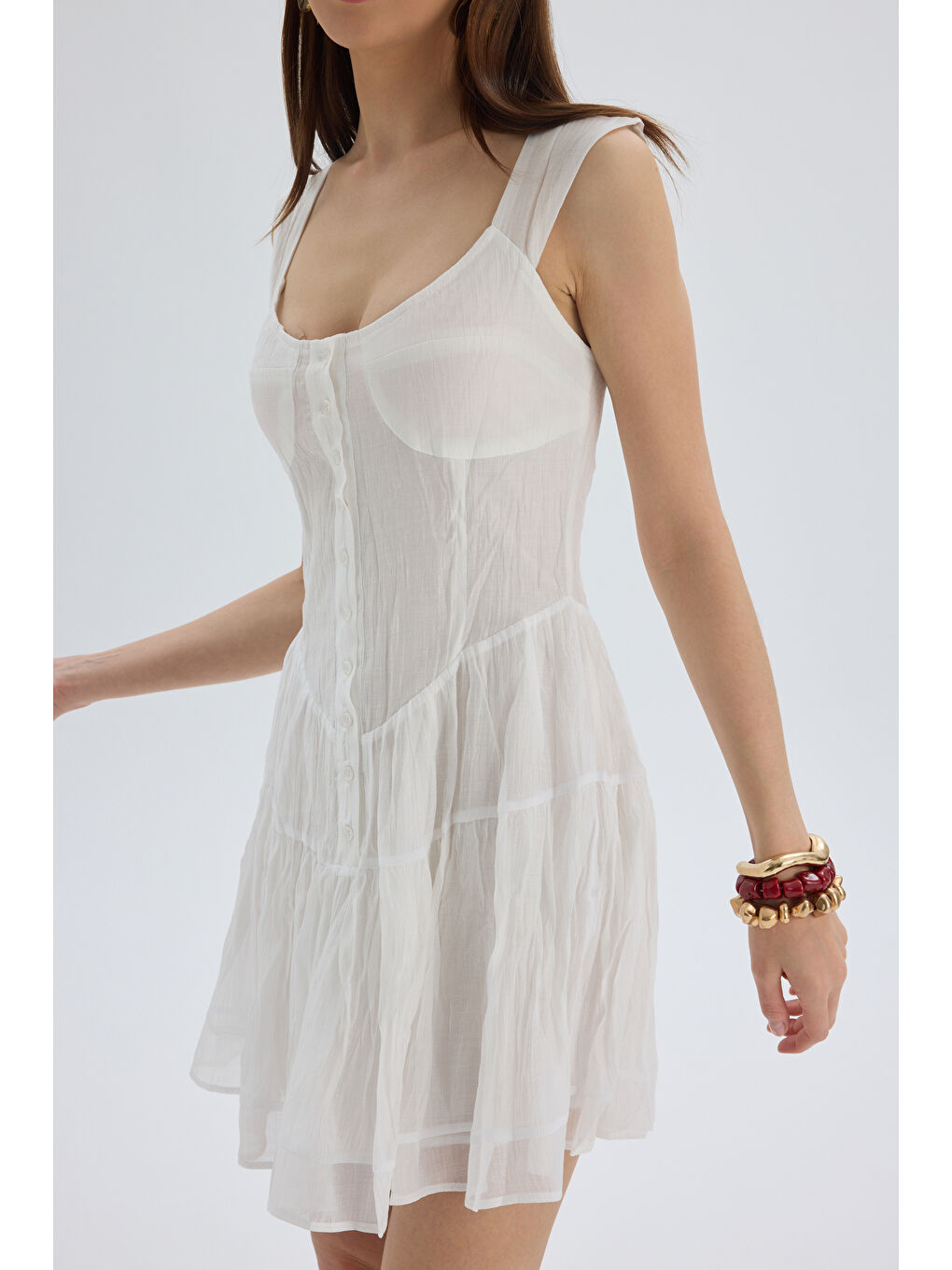 Serena Düğmeli Ekru Mini Elbise-6