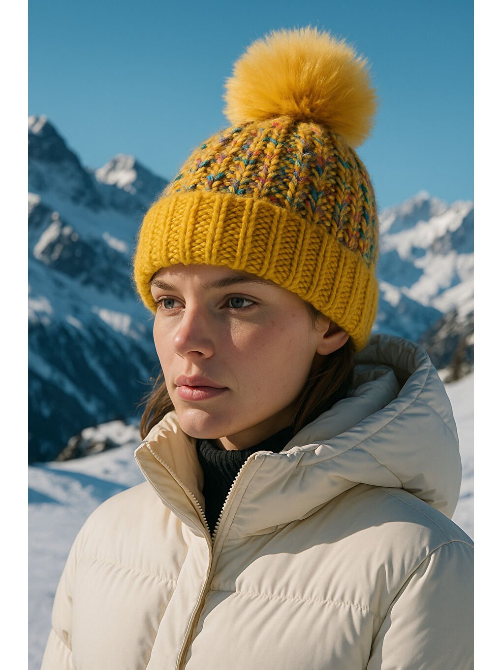 Sarı Kadın Safran Ponponlu Yünlü Bere BERE1142-2