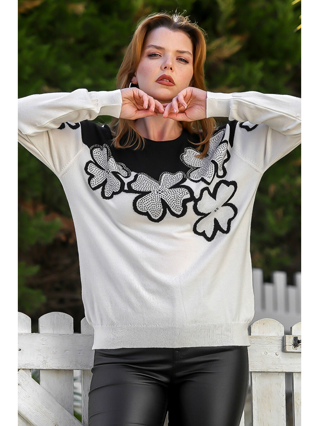 Ekru Yuvarlak Yaka Uzun Kol Çiçekli Troklu Casual Triko Kazak 65 60-2