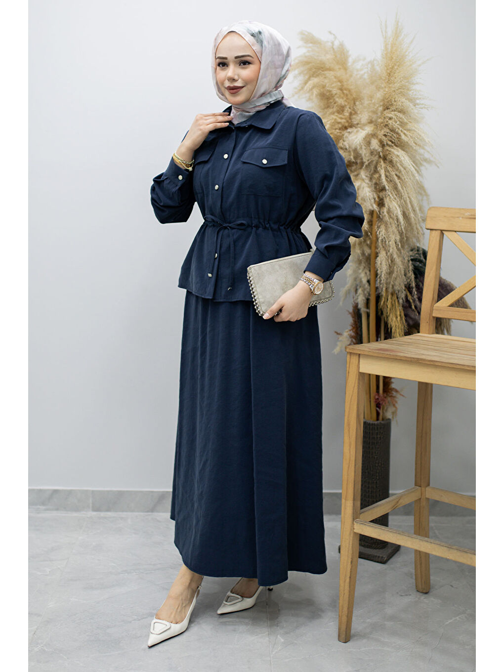 Cepli Beli Büzgülü Etekli Takım TSD260171 Lacivert