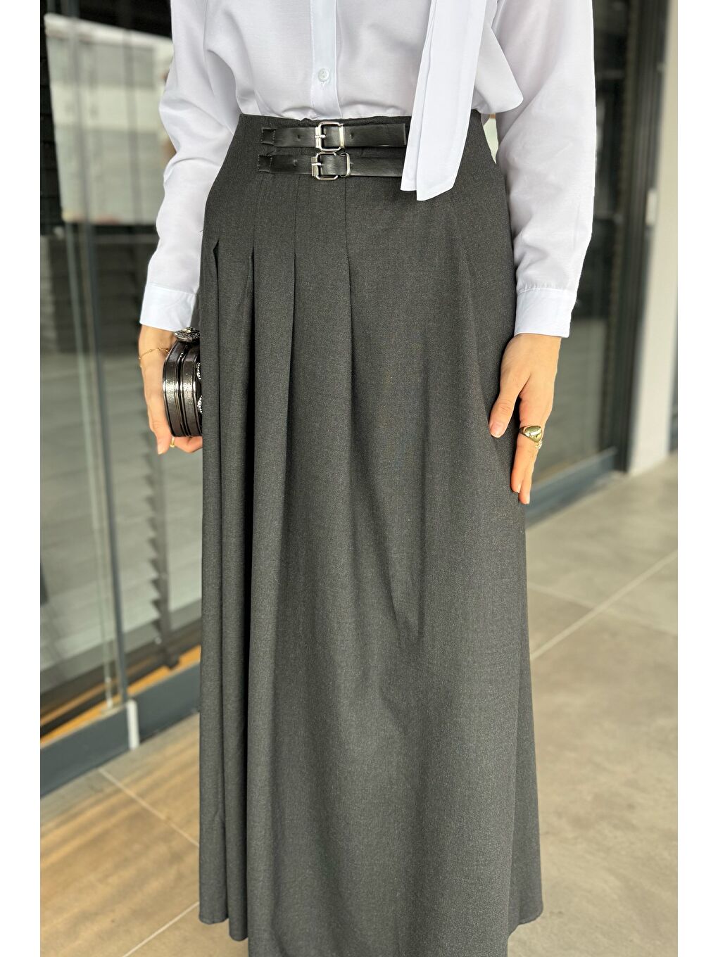 Antrasit Kadın Kemer Detaylı Pileli Tesettür Etek-5