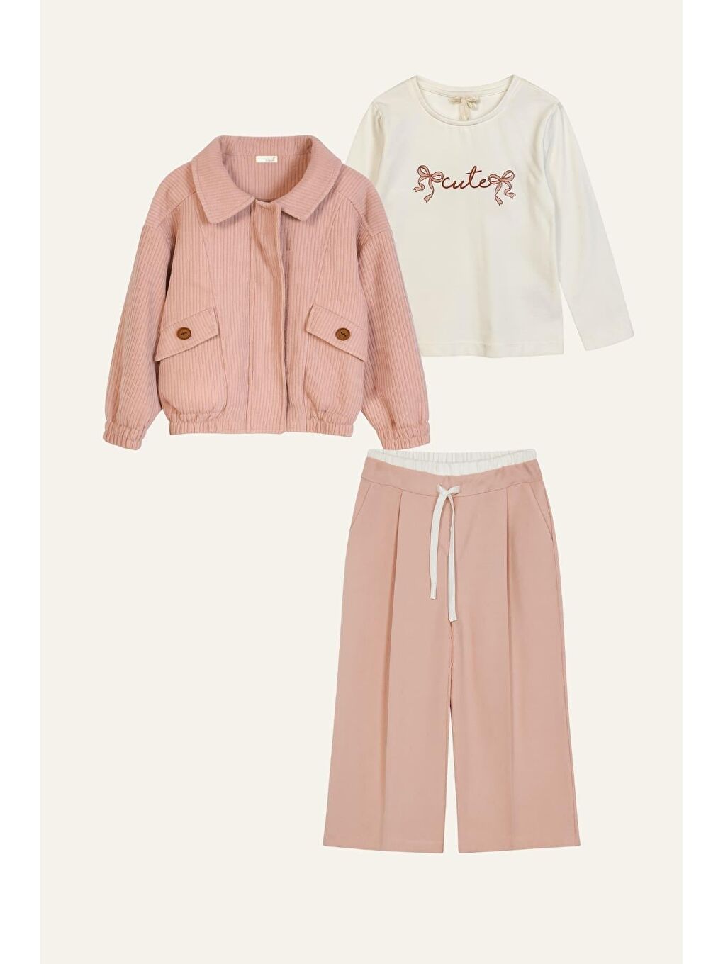 Pembe Kız Çocuk Montlu 3'Lü Takım  - Pudra-1