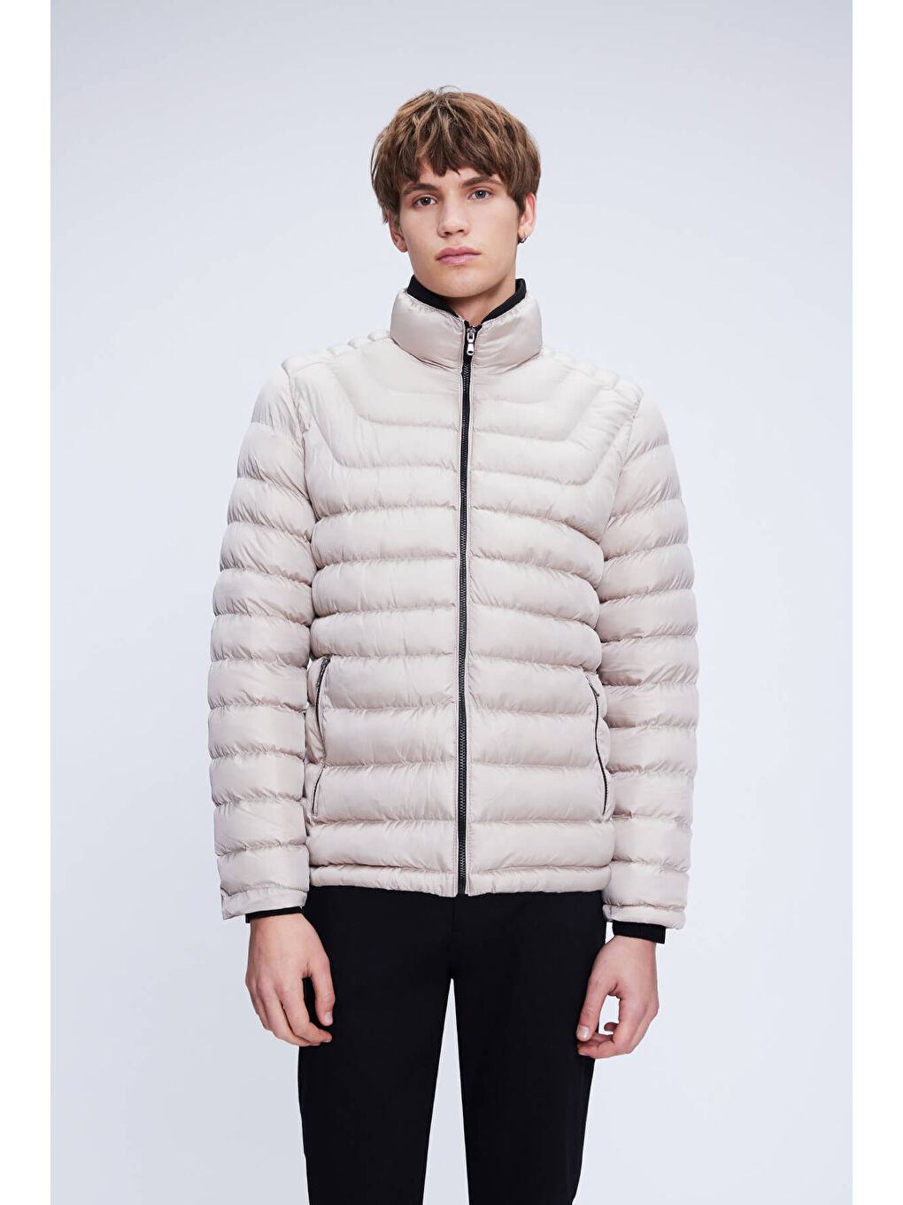 Bej Vizon Dinamik Fit Hakim Yaka Şişme Mont