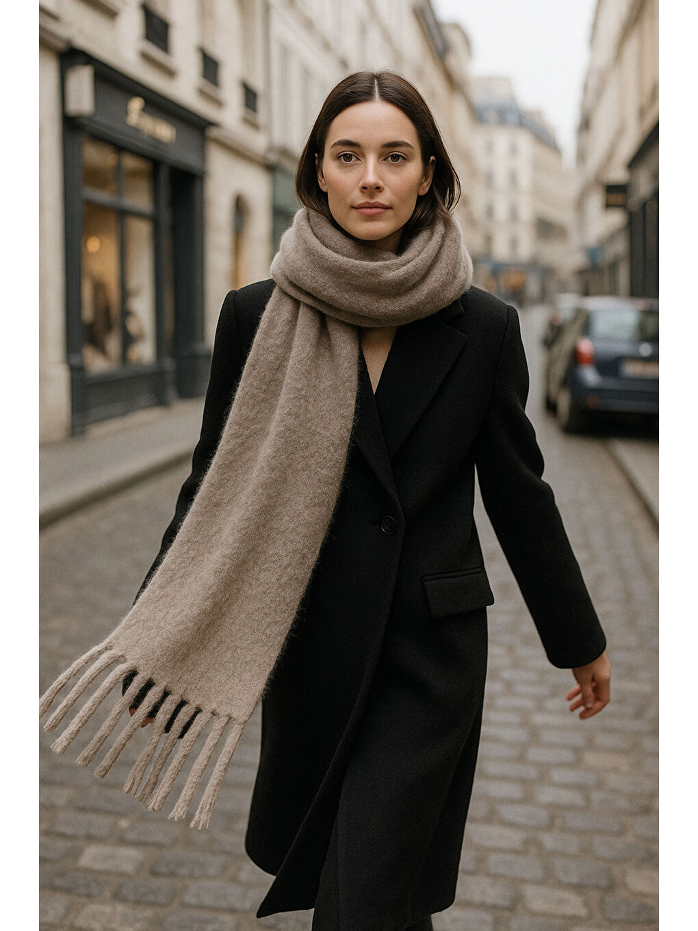 Bej Kadın Vizon Püsküllü İthal Atkı-Şal SAL1295-1