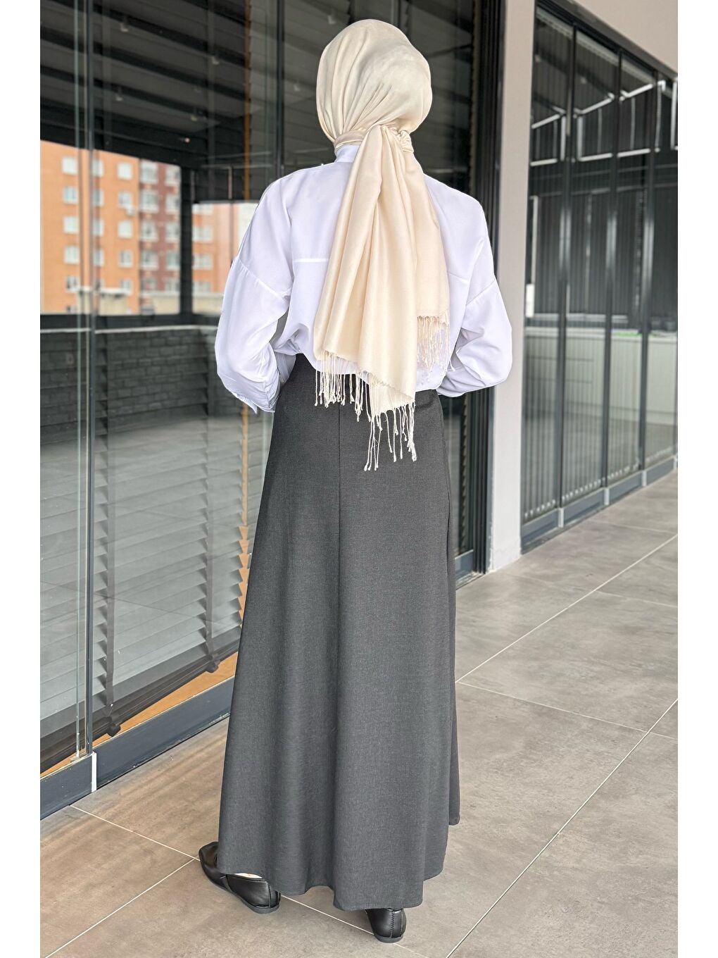Antrasit Kadın Kemer Detaylı Pileli Tesettür Etek-6