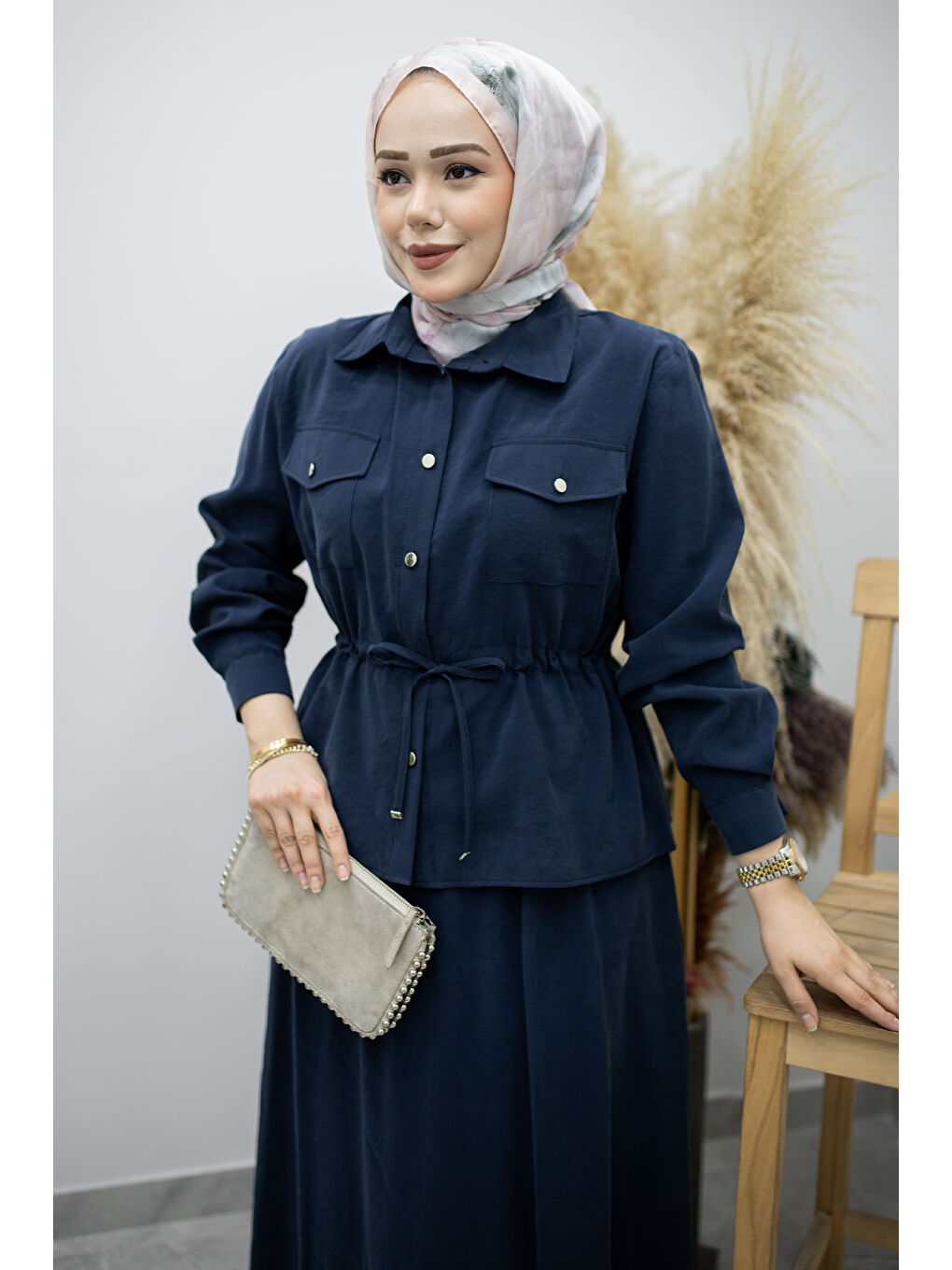 Cepli Beli Büzgülü Etekli Takım TSD260171 Lacivert-1