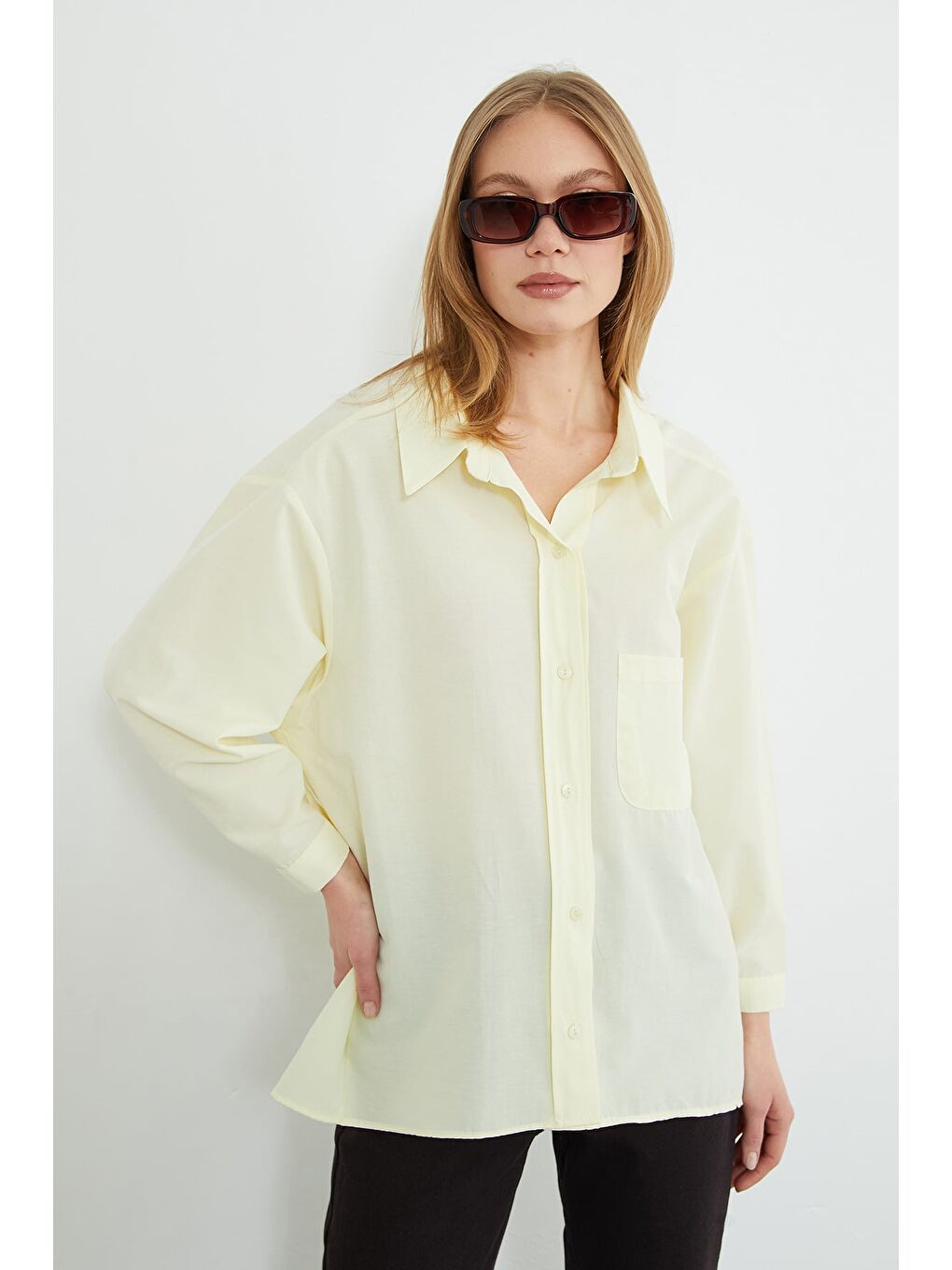 Sarı Basic Tek Cepli Oversize Gömlek