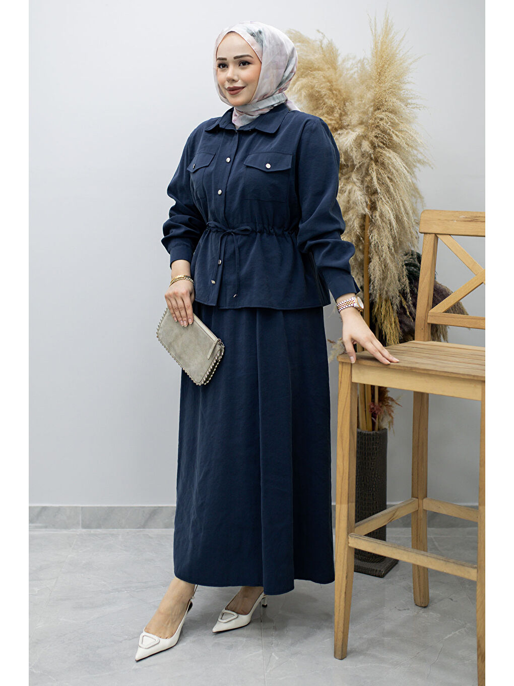 Cepli Beli Büzgülü Etekli Takım TSD260171 Lacivert-2