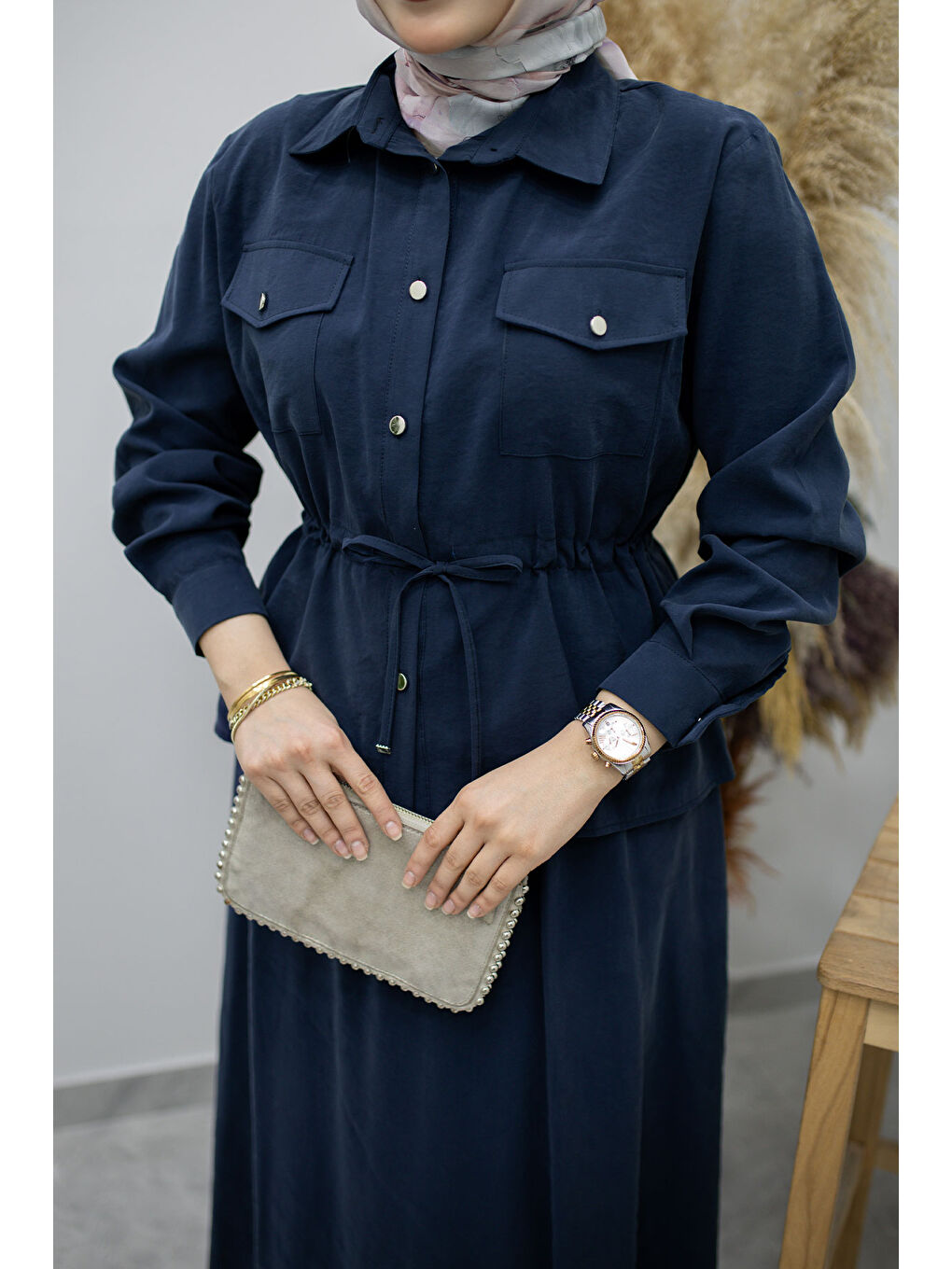 Cepli Beli Büzgülü Etekli Takım TSD260171 Lacivert-3