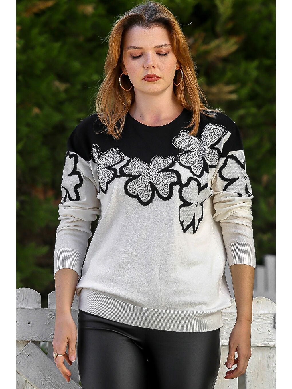 Ekru Yuvarlak Yaka Uzun Kol Çiçekli Troklu Casual Triko Kazak 65 60-3