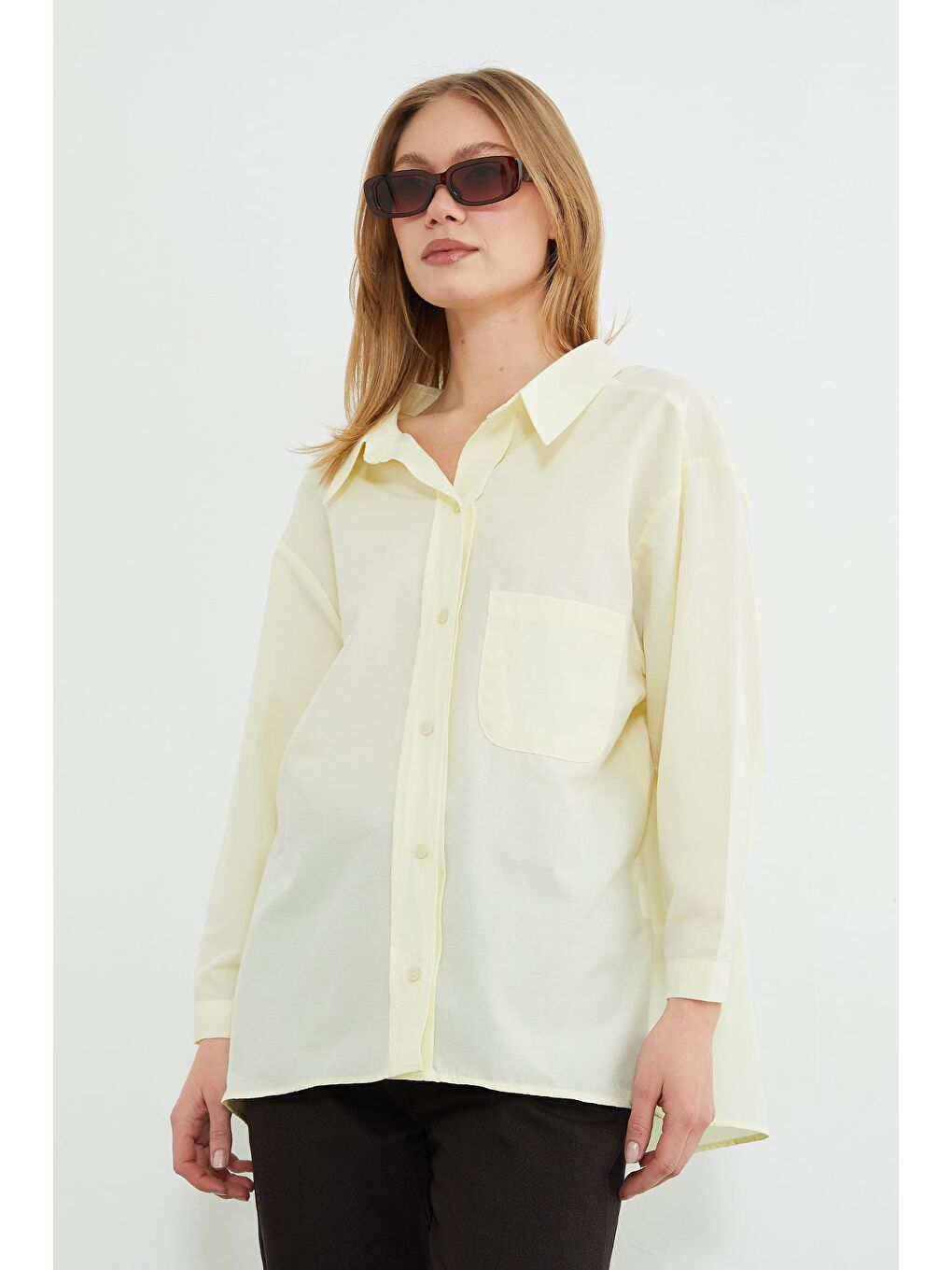 Sarı Basic Tek Cepli Oversize Gömlek-3
