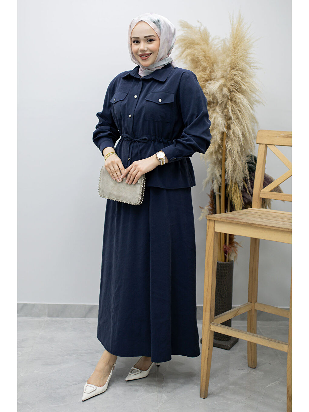 Cepli Beli Büzgülü Etekli Takım TSD260171 Lacivert-4