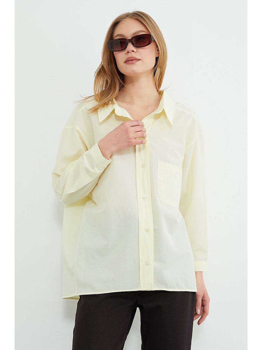 Sarı Basic Tek Cepli Oversize Gömlek-4
