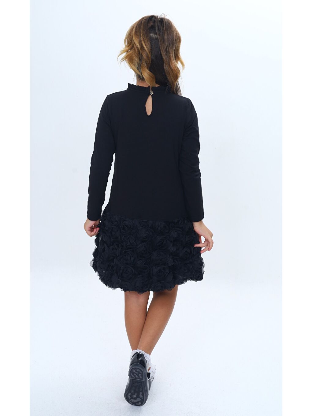 Siyah Kız Çocuk Yaka Fırfır Etek 3D Güllü Elbise-5