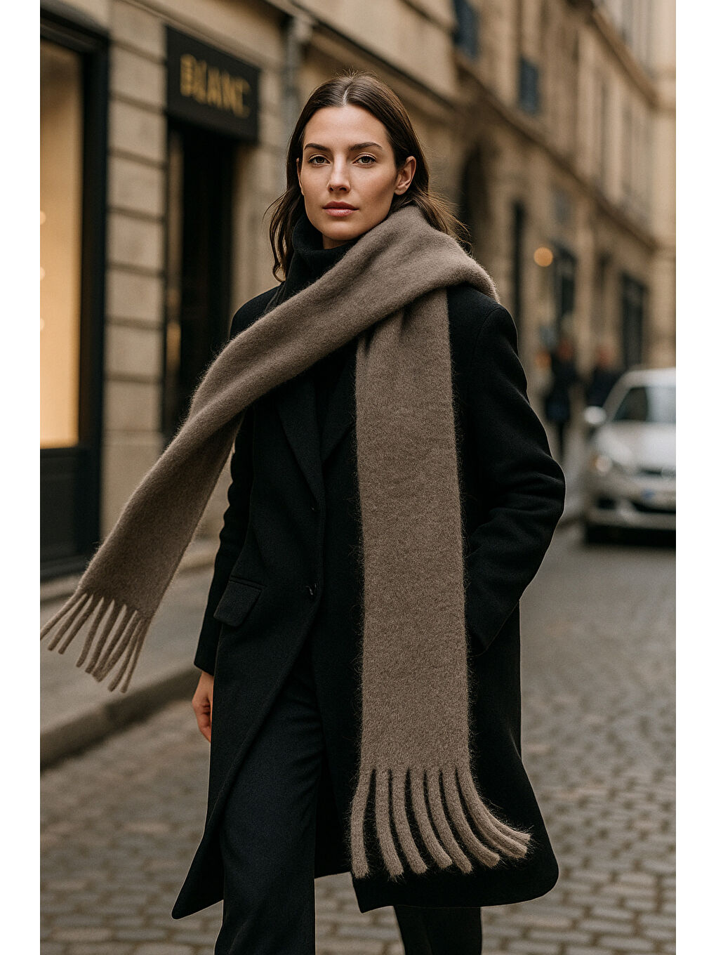 Bej Kadın Vizon Püsküllü İthal Atkı-Şal SAL1295-3