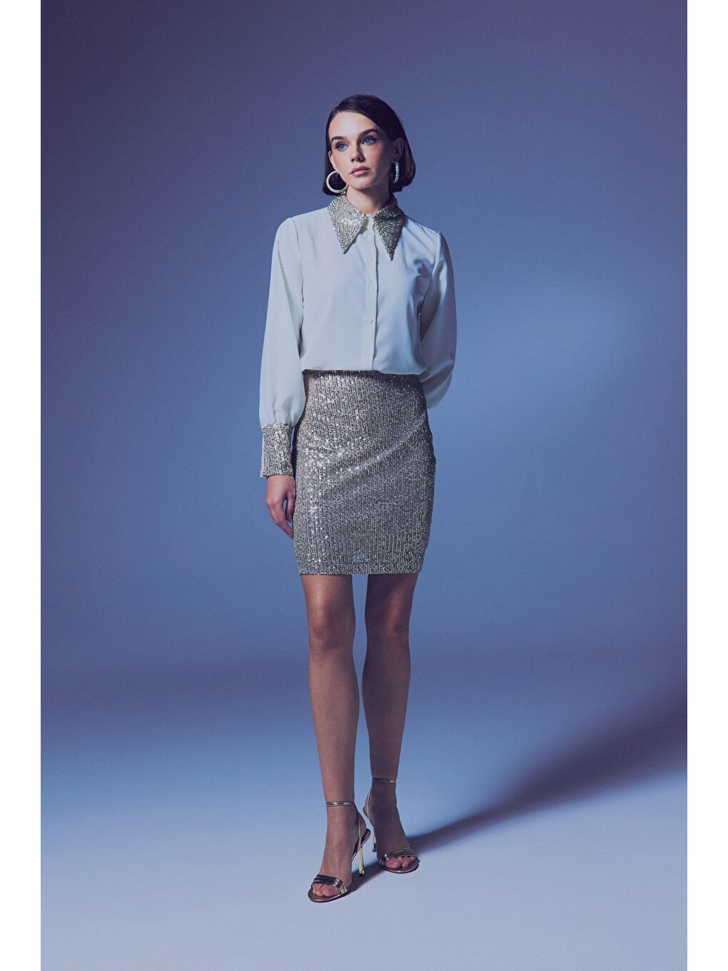 Payetli Mini Etek - Bej-1