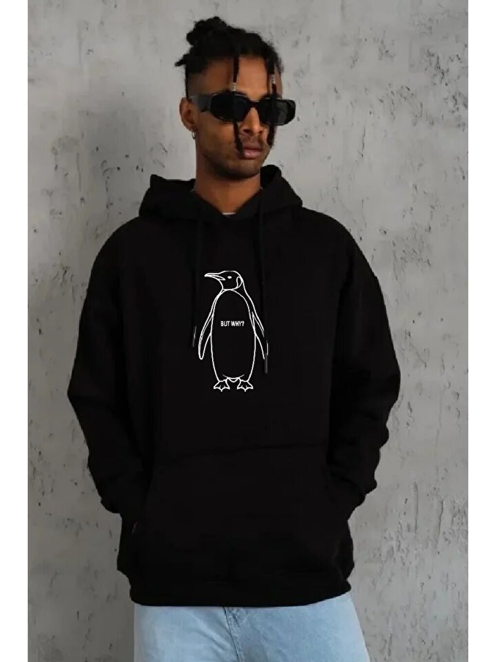 Erkek Nihilist Penguen Özel Tasarım Oversize Kapüşonlu Sweatshirt - Siyah-1
