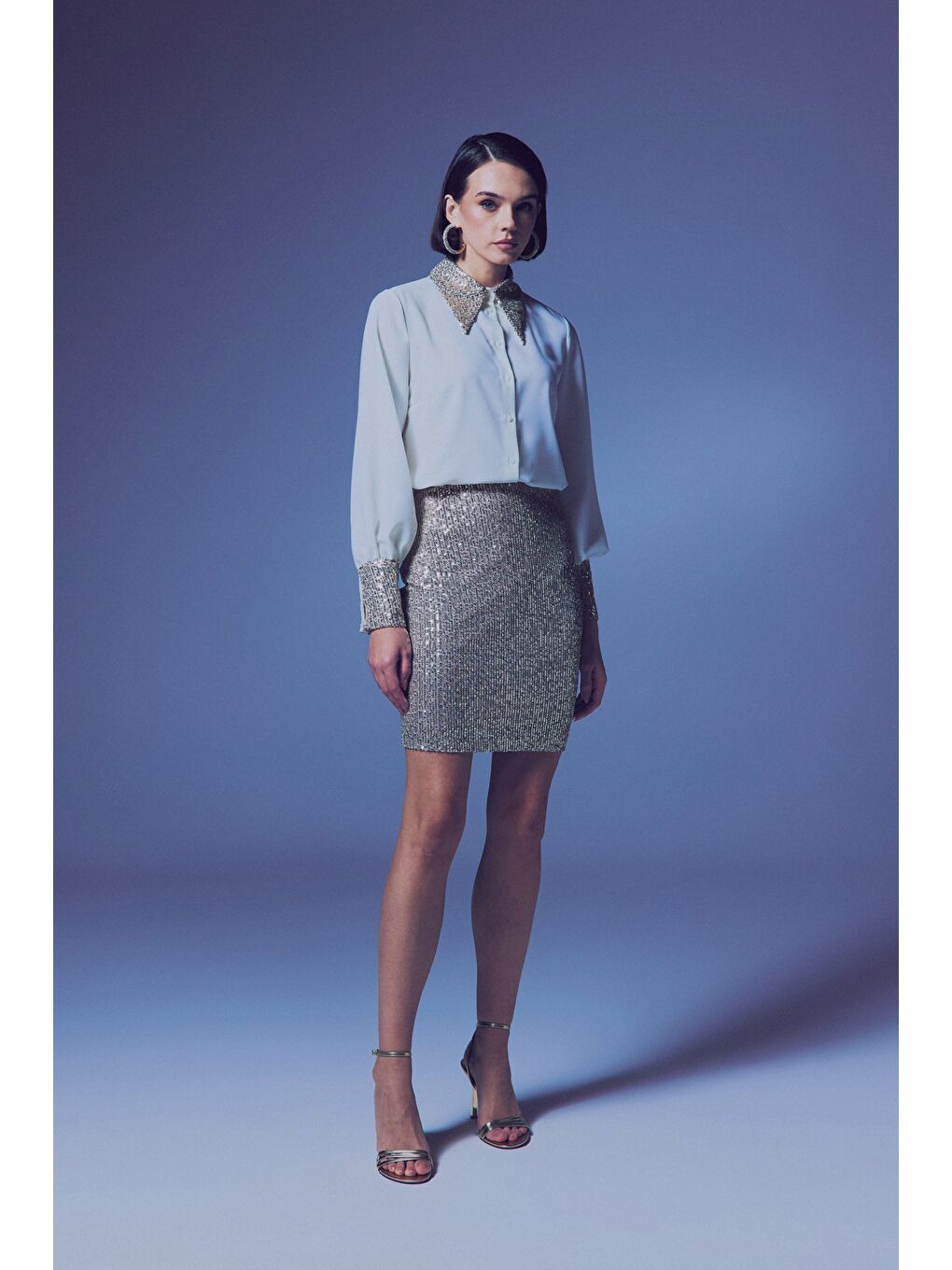 Payetli Mini Etek - Bej-2