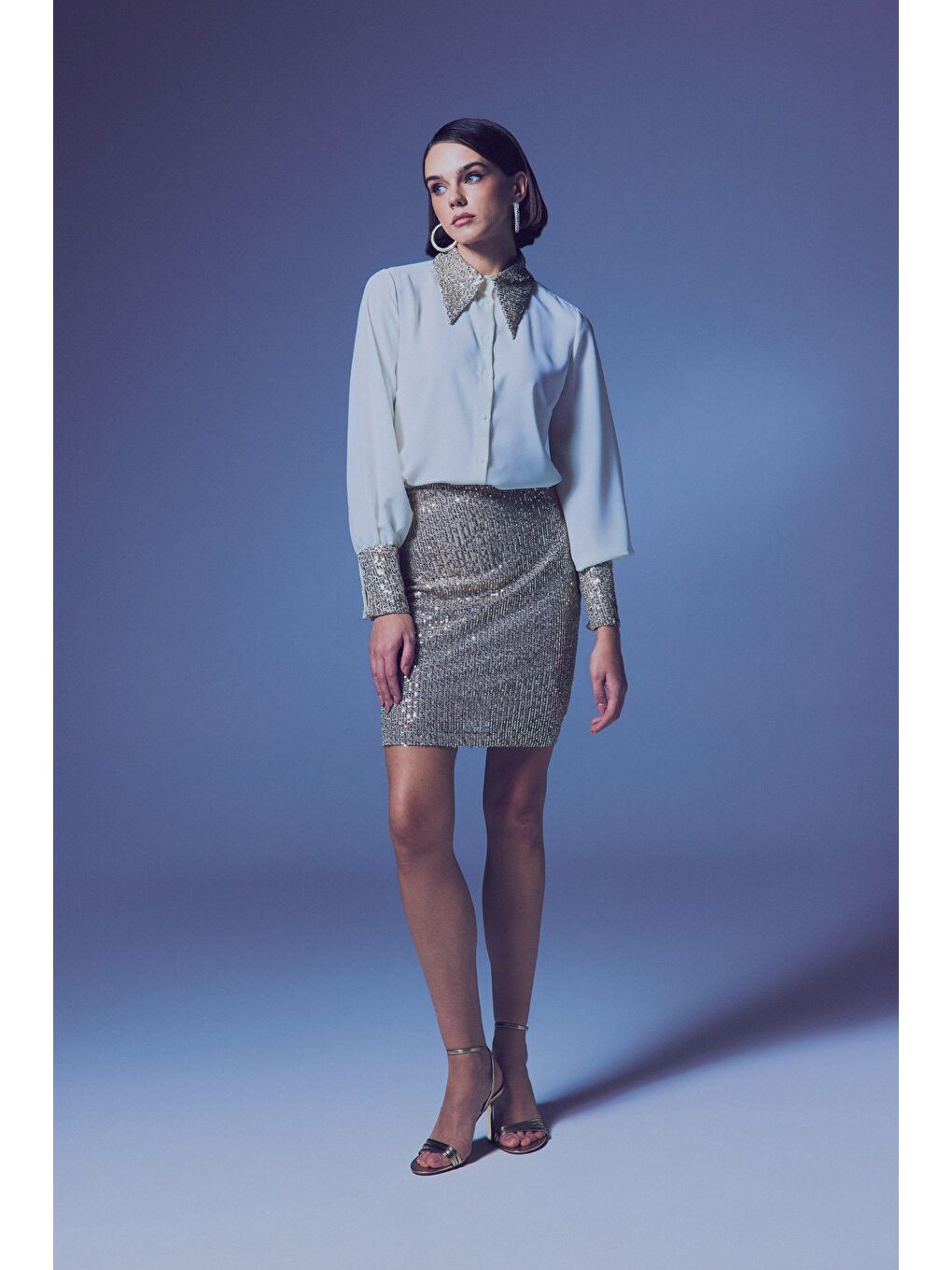 Payetli Mini Etek - Bej-3