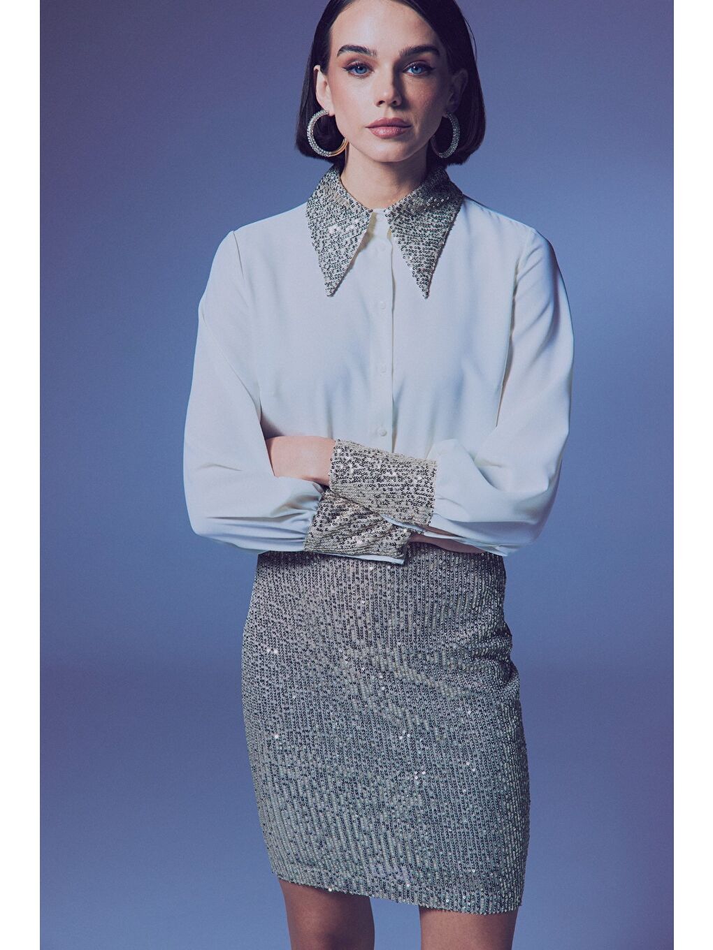 Payetli Mini Etek - Bej-4