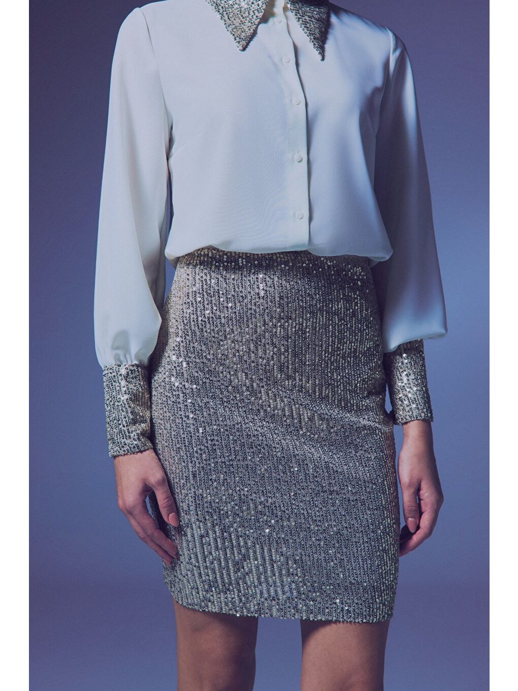 Payetli Mini Etek - Bej-5