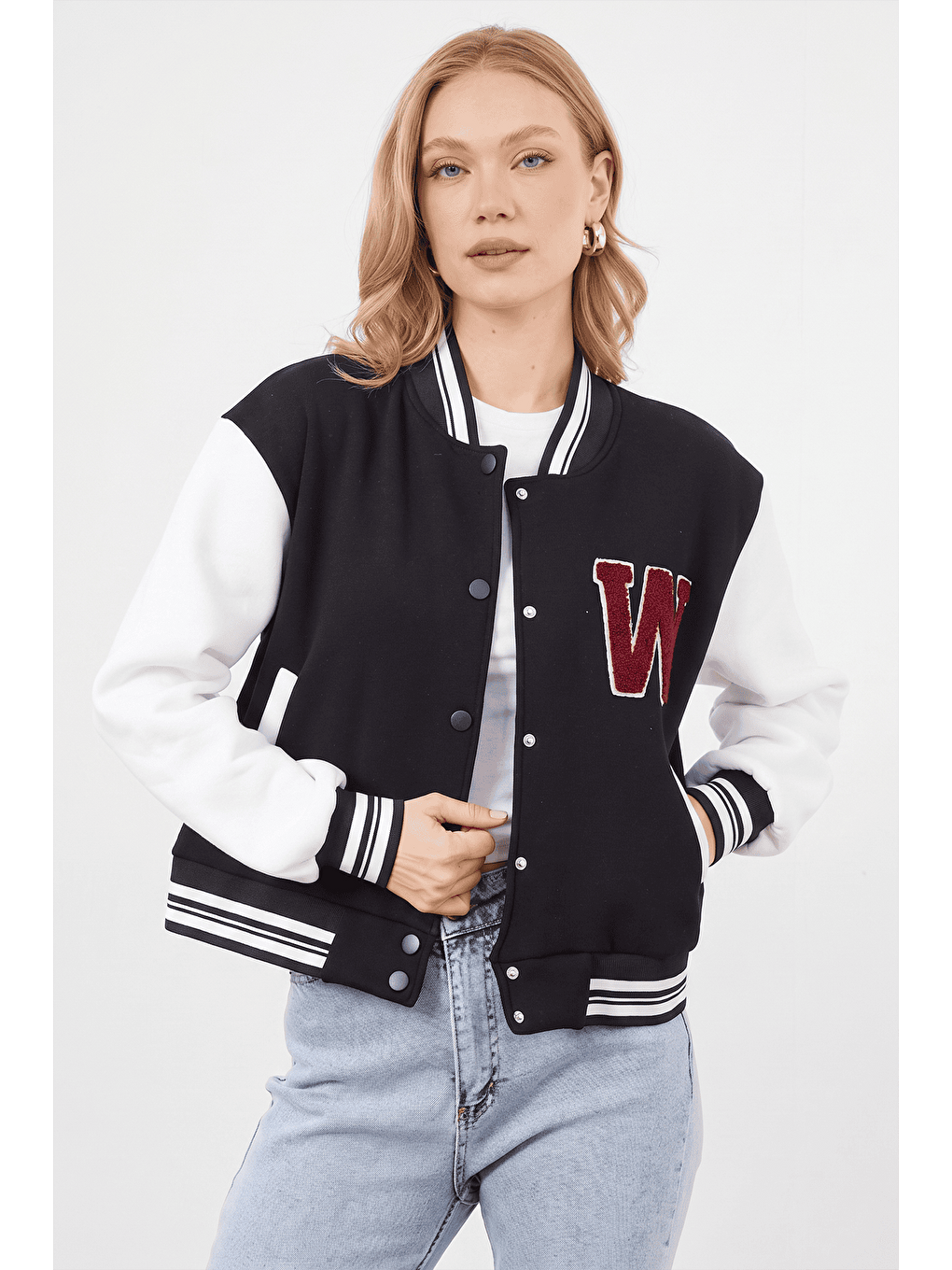 Siyah 3 İplik Nakışlı Unisex Kolej Ceket-1