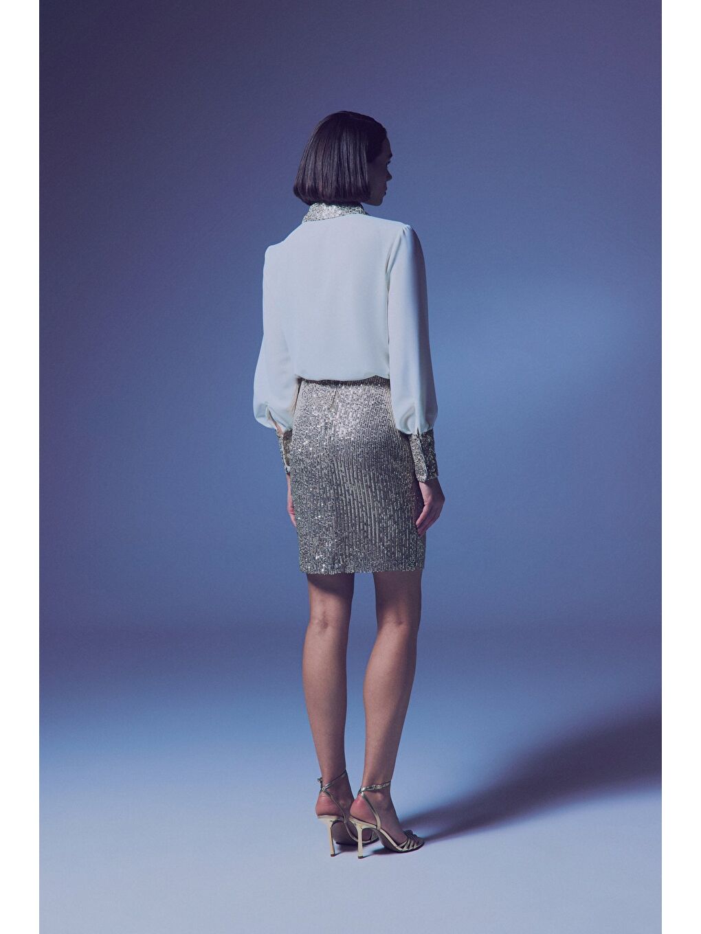 Payetli Mini Etek - Bej-6