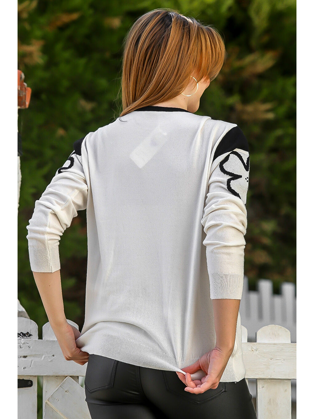 Ekru Yuvarlak Yaka Uzun Kol Çiçekli Troklu Casual Triko Kazak 65 60-5