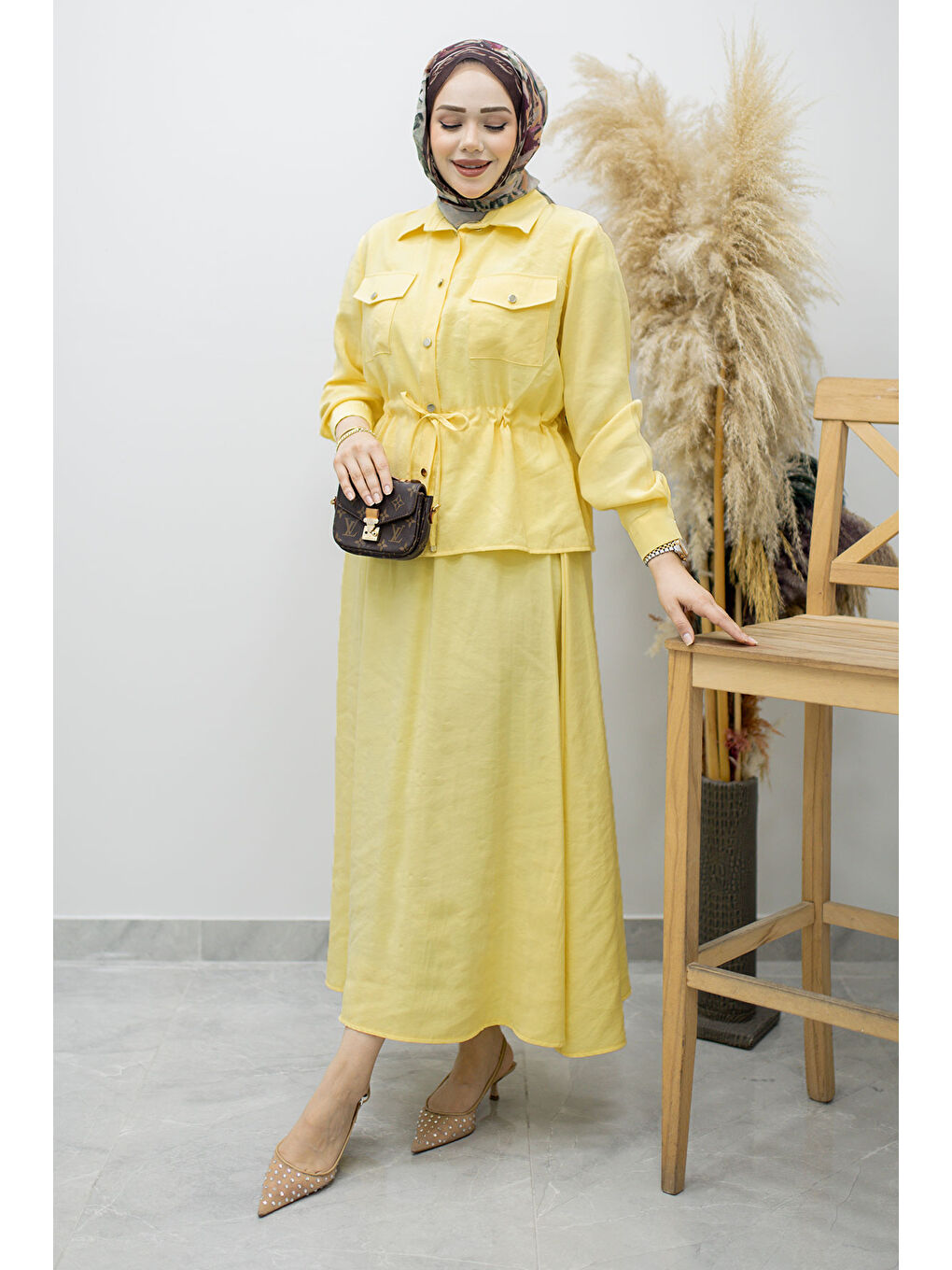 Cepli Beli Büzgülü Etekli Takım TSD260171 Sarı-2