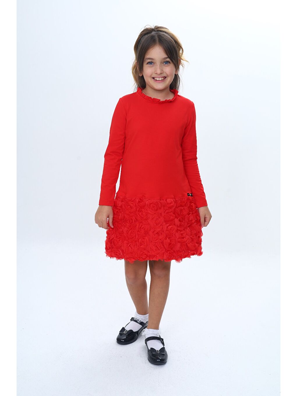Kırmızı Kız Çocuk Yaka Fırfır Etek 3D Güllü Elbise