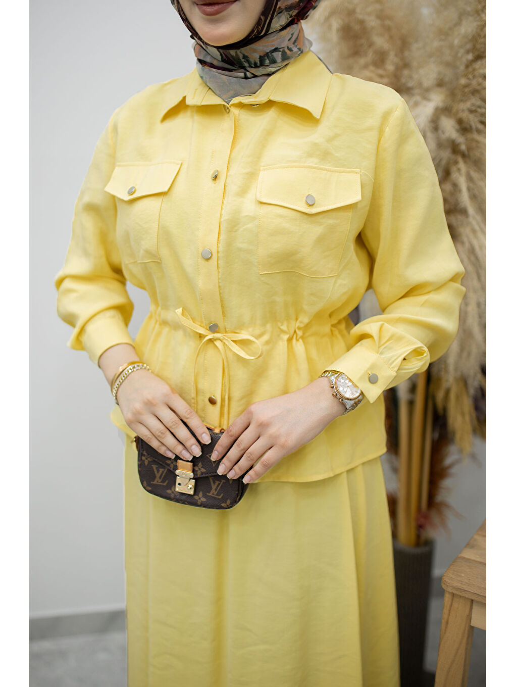 Cepli Beli Büzgülü Etekli Takım TSD260171 Sarı-3