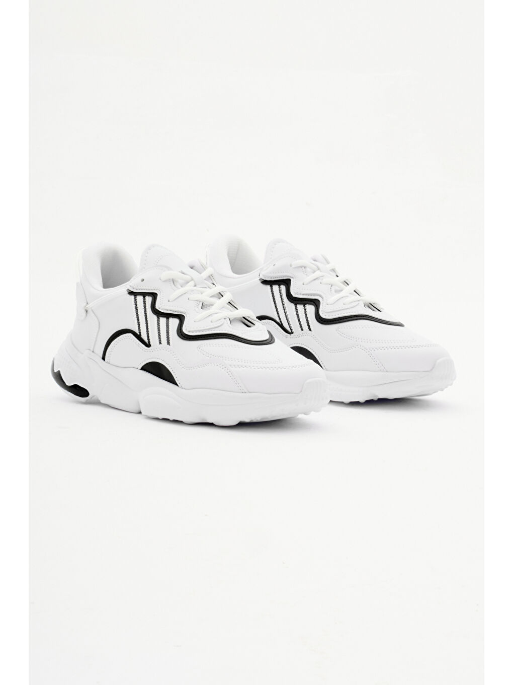 Unisex Beyaz Siyah Rahat Kalıp Yüksek Taban Şeritli Bağcıklı Spor Ayakkabı-1