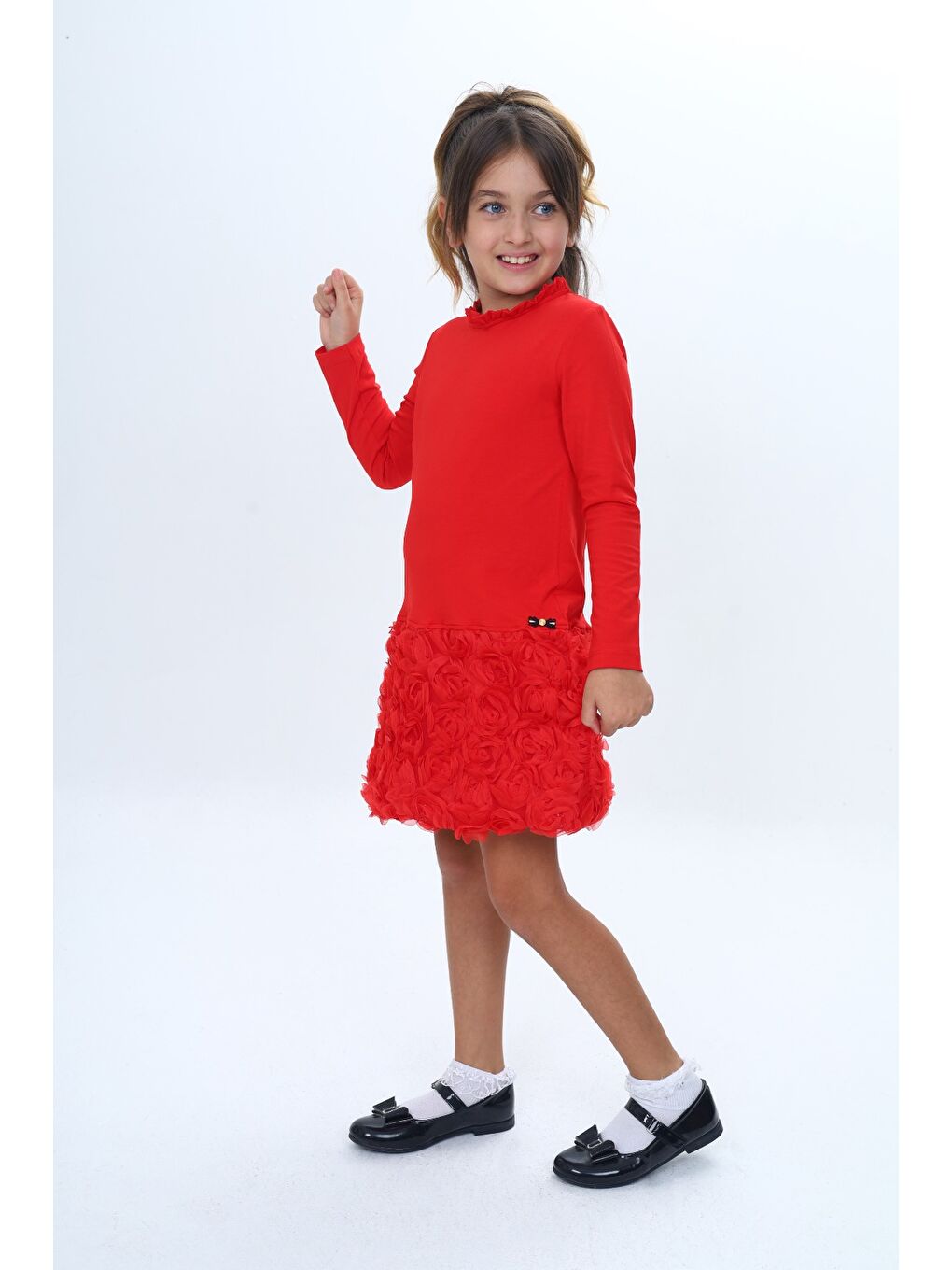 Kırmızı Kız Çocuk Yaka Fırfır Etek 3D Güllü Elbise-1