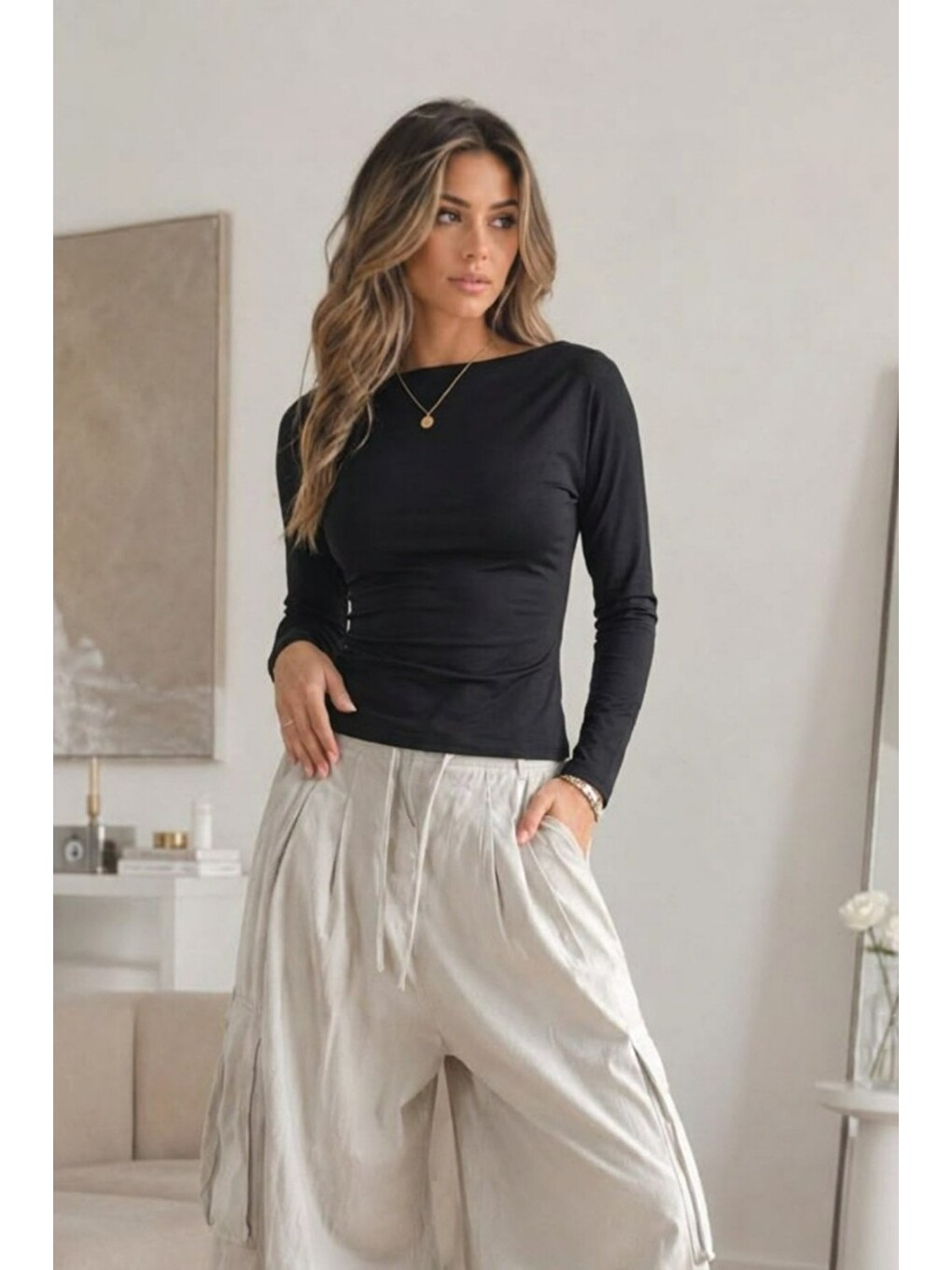 Ekru Kadın Kayık Yaka Basic Dar 3 Lü Bluz-5