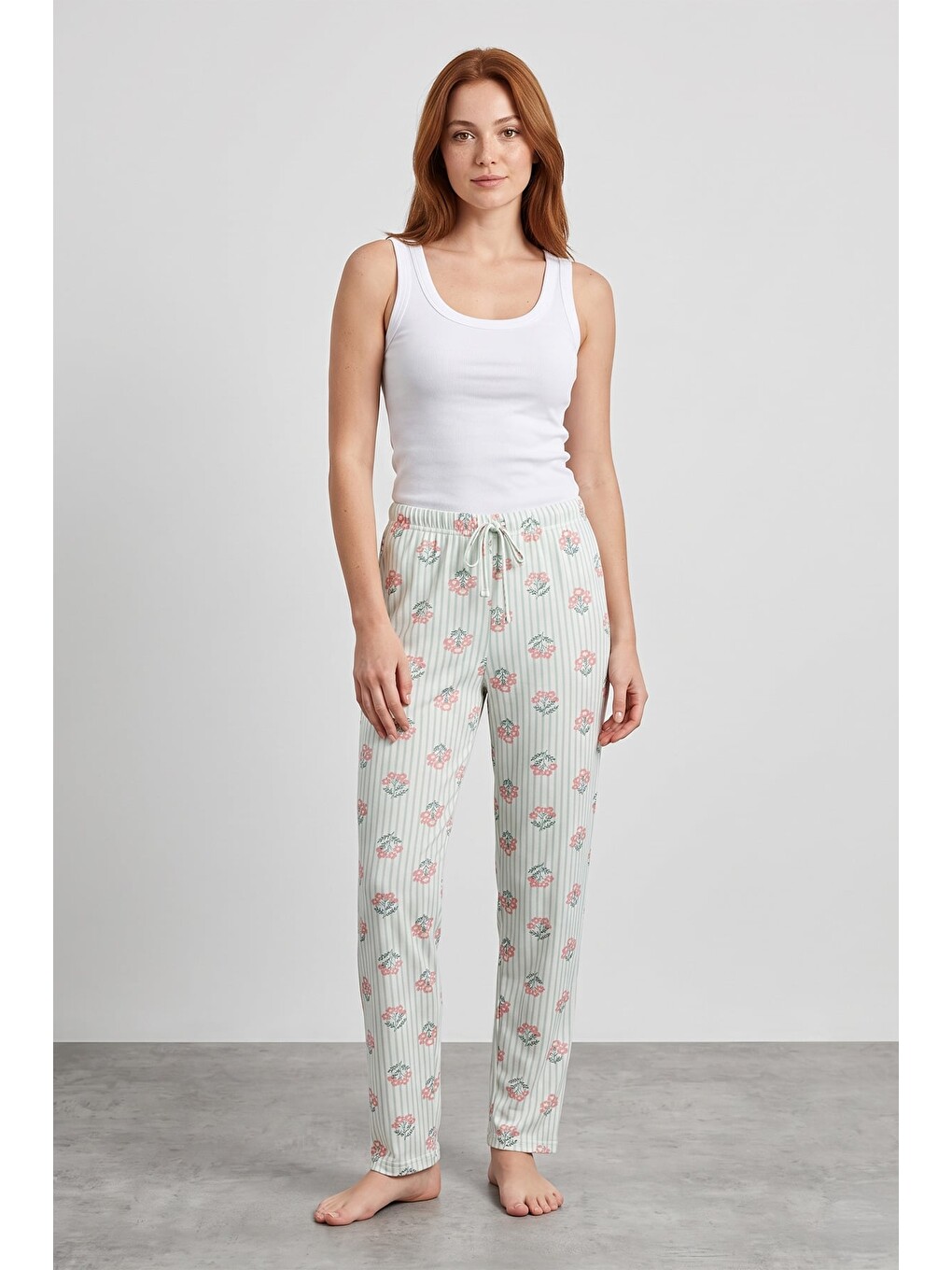 Pembe Çiçekli Çizgili Beli Lastikli Pijama Altı-1