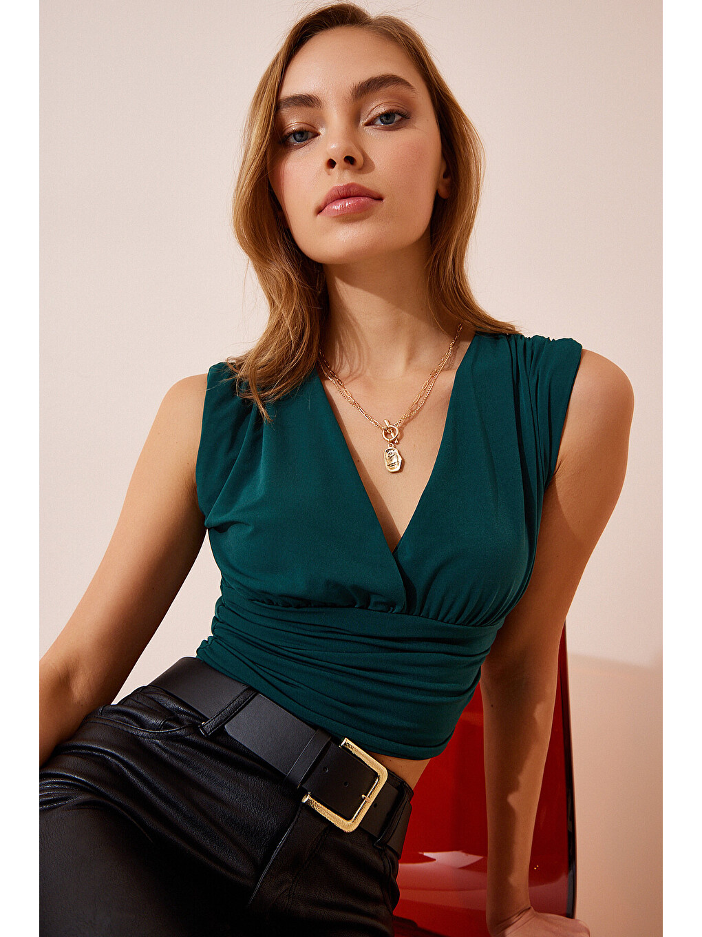 Yeşil Derin V Yakalı Crop Sandy Örme Bluz YEŞİL LBF0004-1