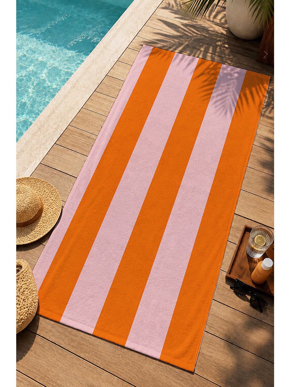 Retro Turuncu Pembe Dalgalı Dikey Çizgili Desenli 70x150 Plaj Havlusu - Pamuklu Banyo Havlusu-3