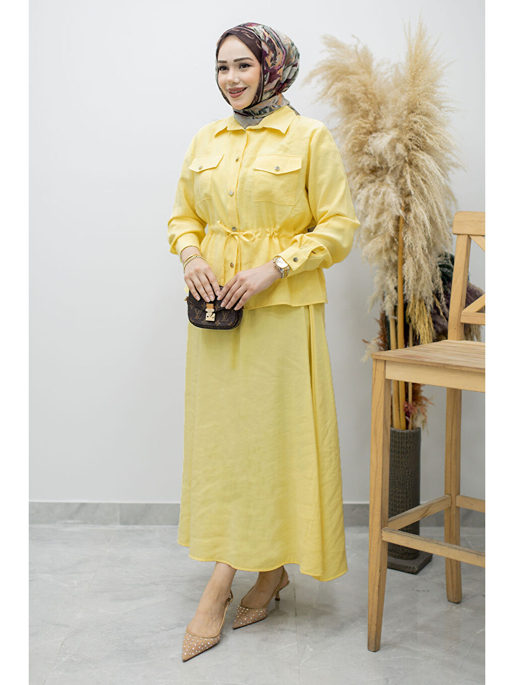 Cepli Beli Büzgülü Etekli Takım TSD260171 Sarı-4