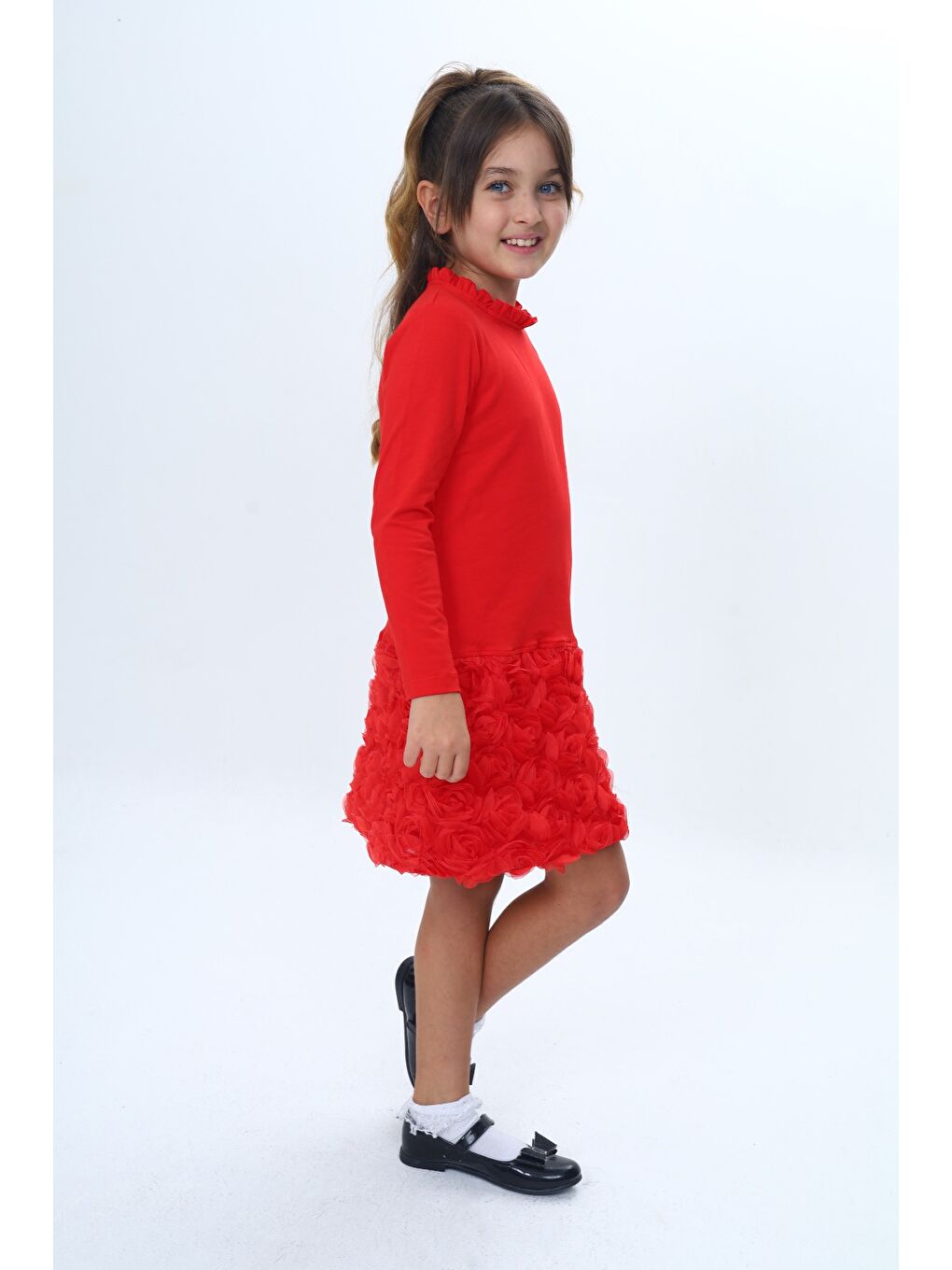 Kırmızı Kız Çocuk Yaka Fırfır Etek 3D Güllü Elbise-2