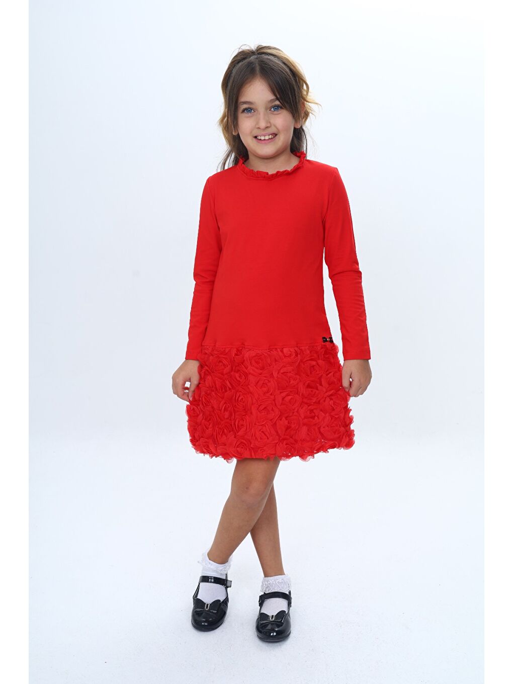 Kırmızı Kız Çocuk Yaka Fırfır Etek 3D Güllü Elbise-3