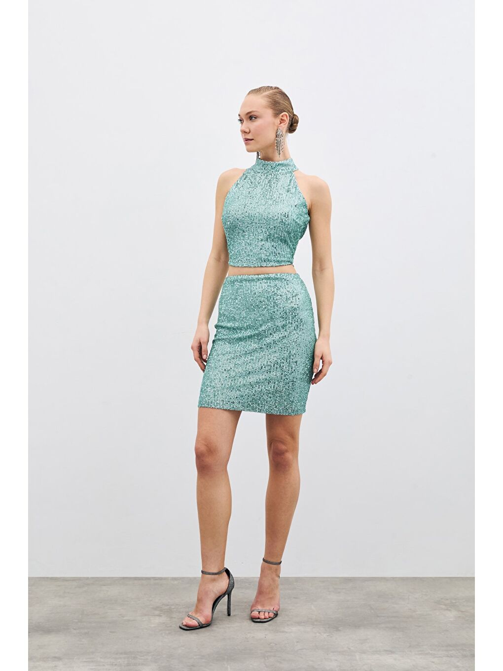 Yeşil Payetli Mini Etek - Mint-1