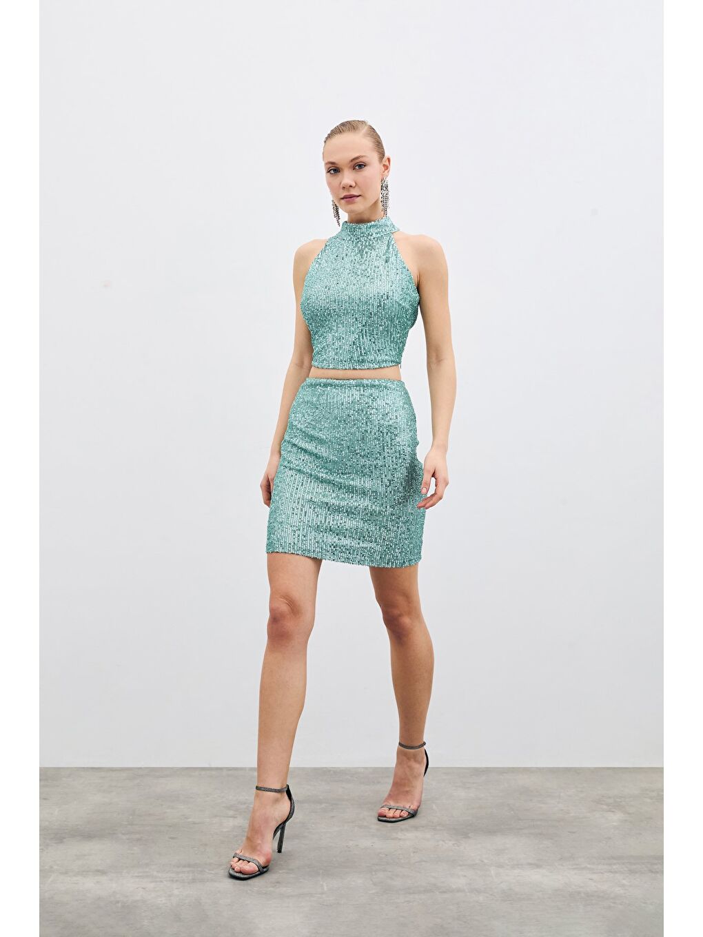 Yeşil Payetli Mini Etek - Mint-2