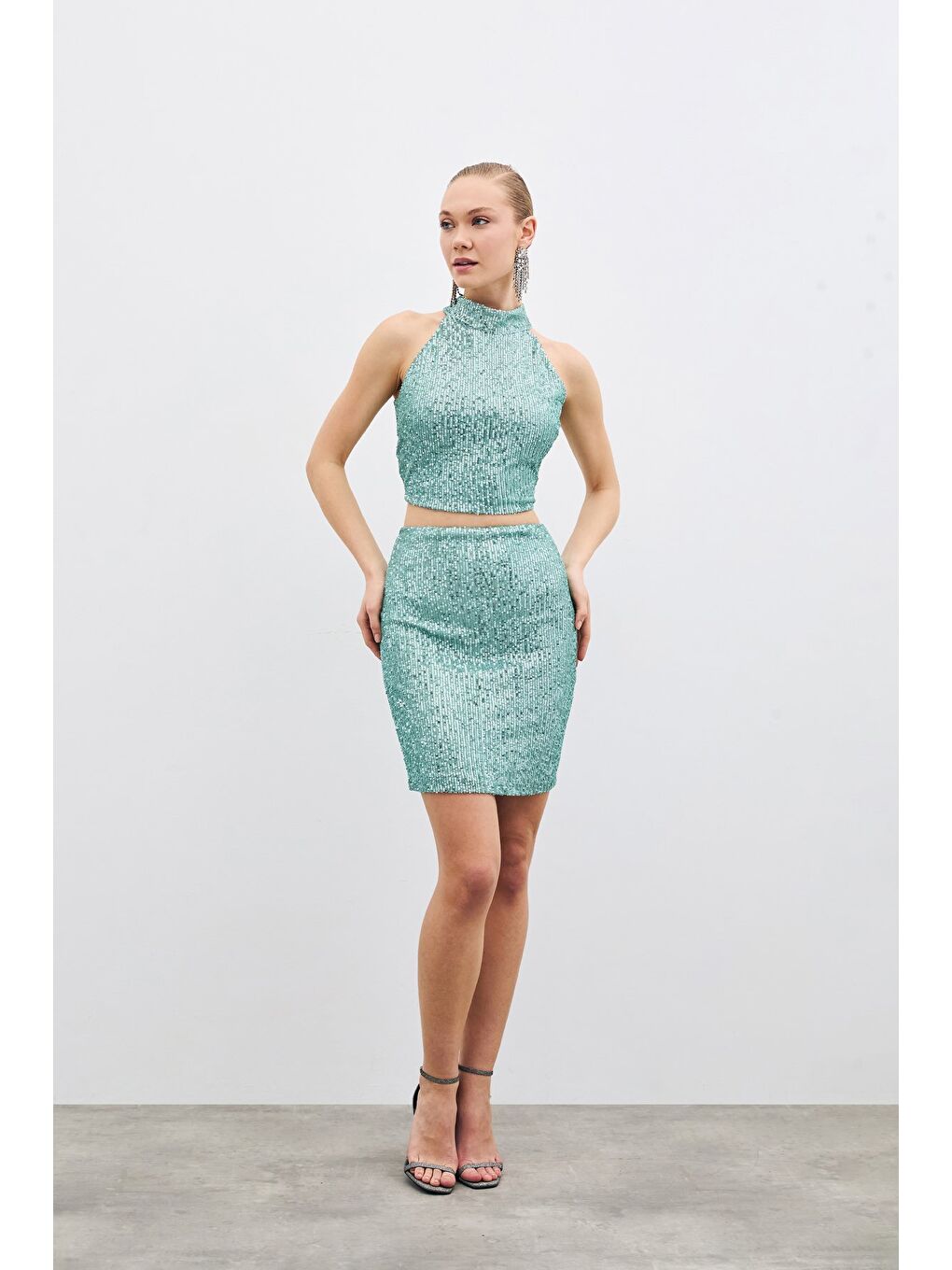 Yeşil Payetli Mini Etek - Mint-3