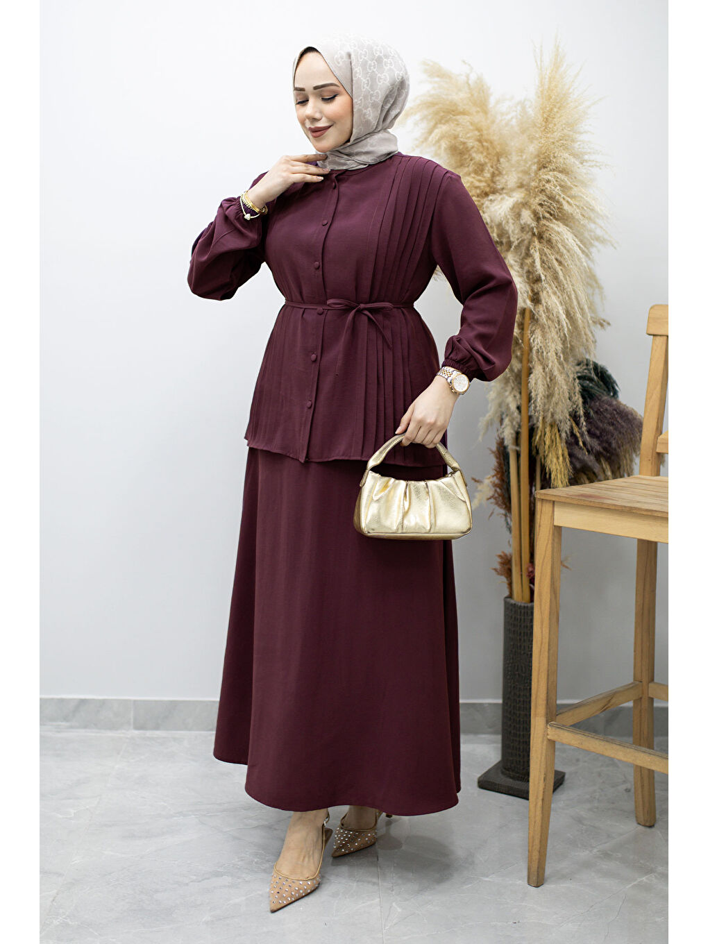 Piliseli Bağlamalı Etekli Takım TSD260173 Mürdüm