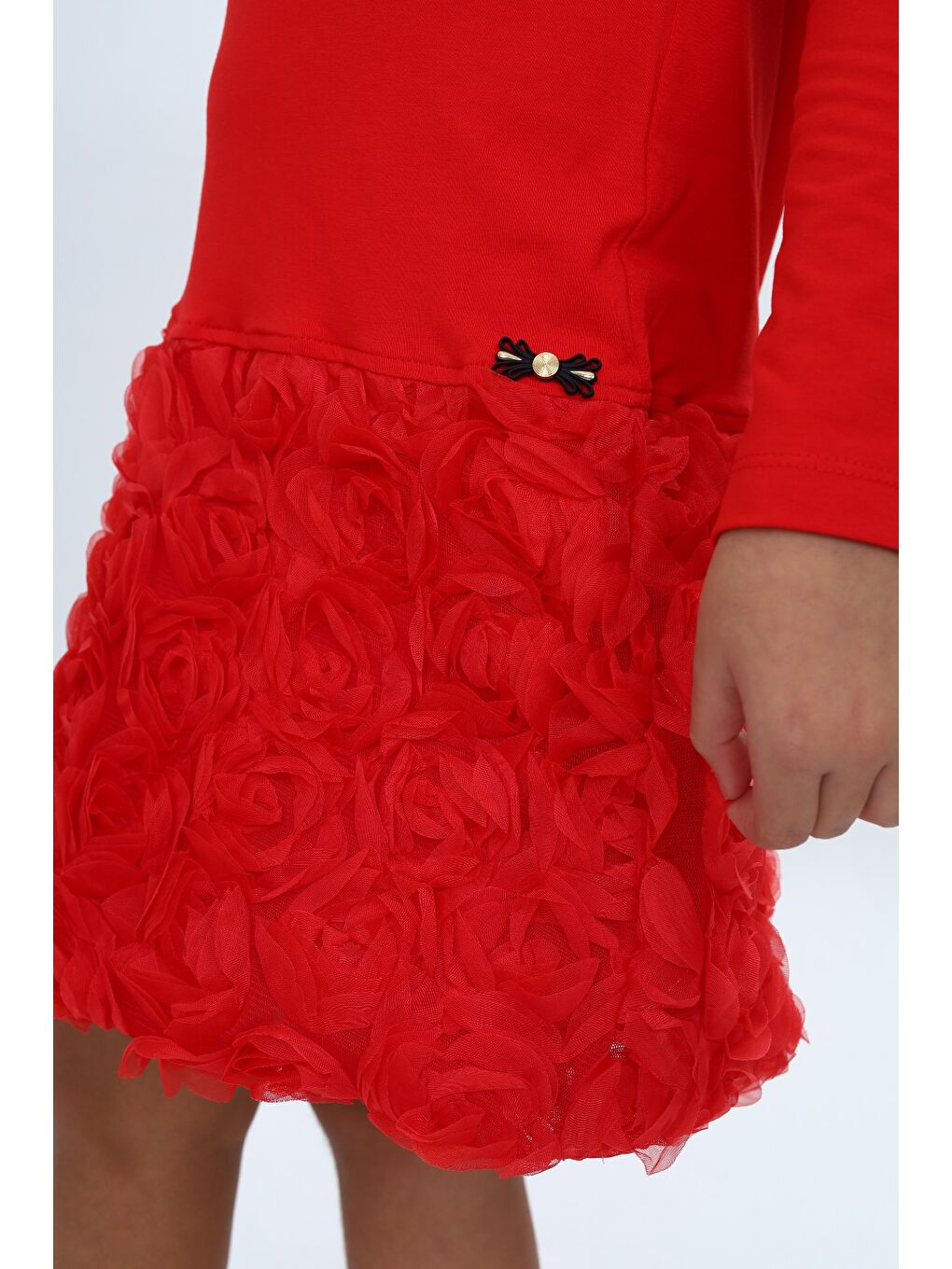 Kırmızı Kız Çocuk Yaka Fırfır Etek 3D Güllü Elbise-6