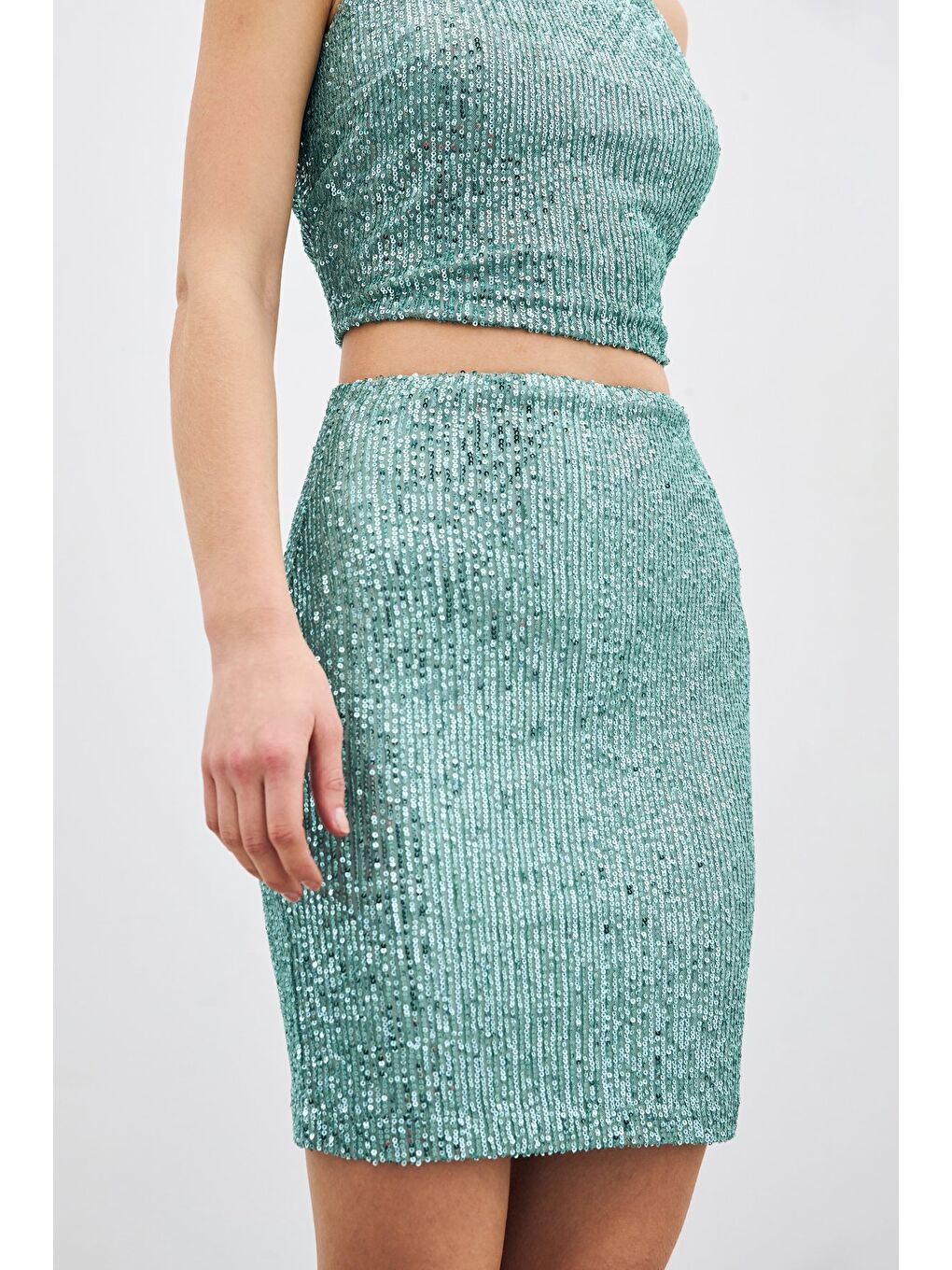 Yeşil Payetli Mini Etek - Mint-4