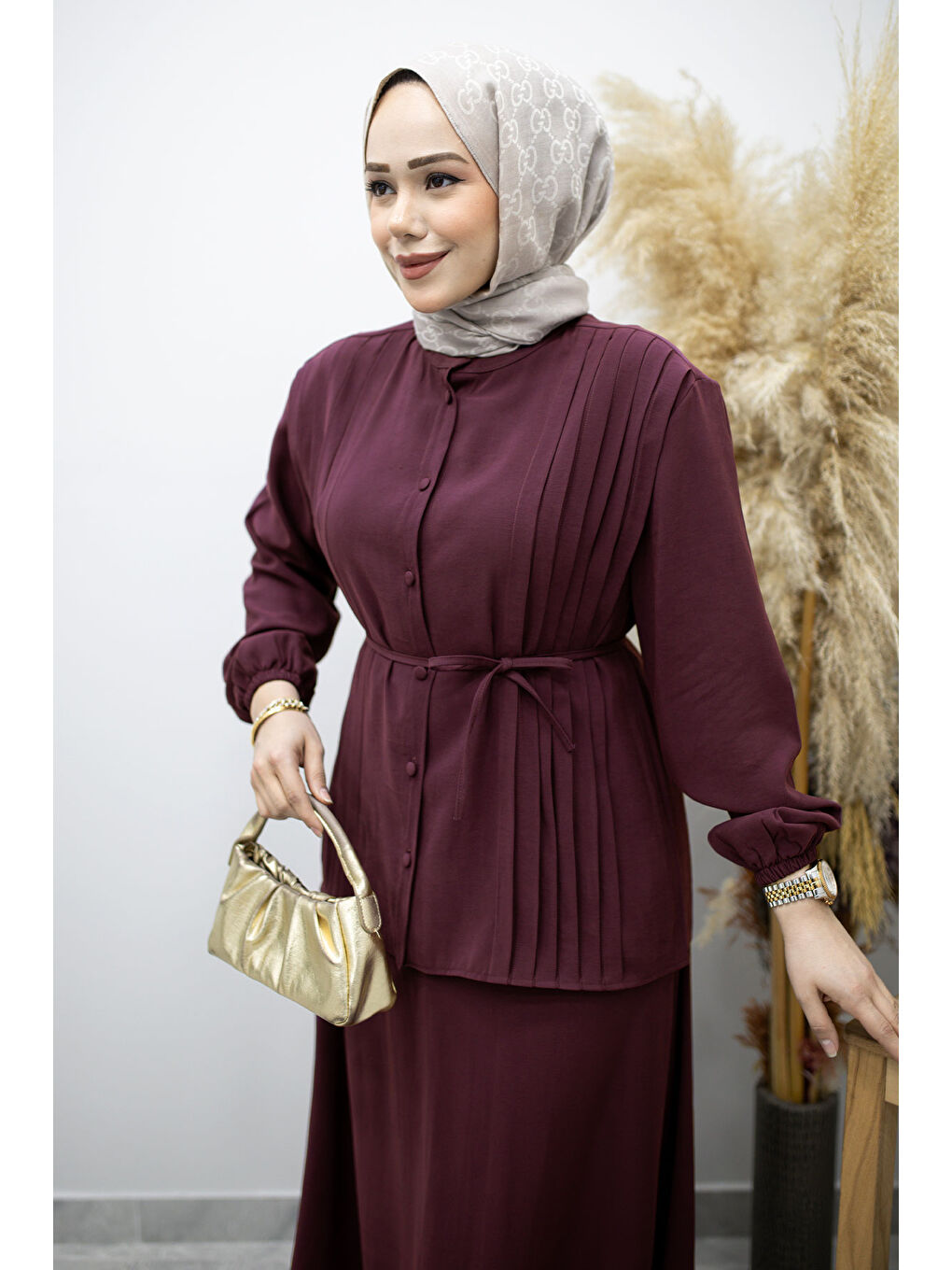 Piliseli Bağlamalı Etekli Takım TSD260173 Mürdüm-1