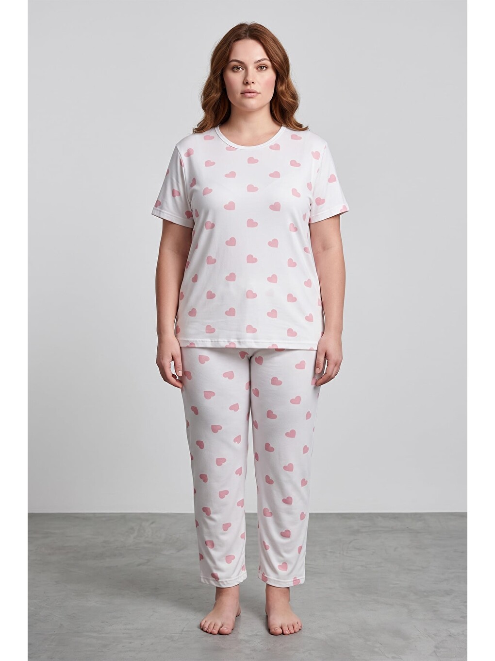 Pembe Kalp Desenli Büyük Beden Pijama Takımı-1
